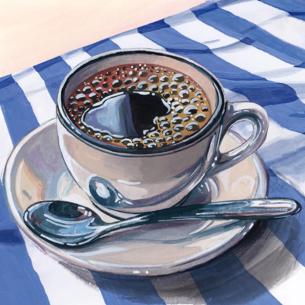 Black Coffee On Striped Cloth