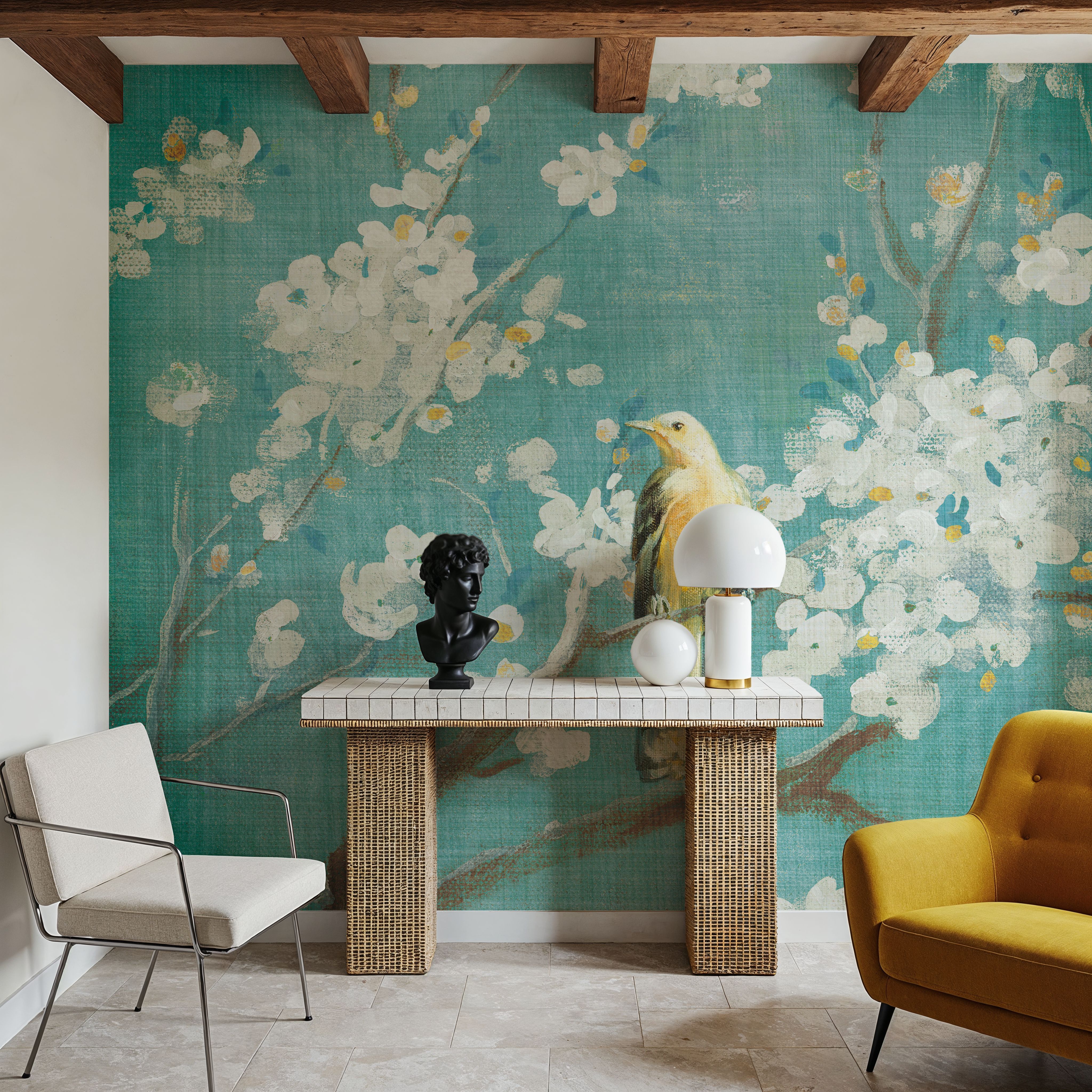 White Cherry Blossoms I on Blue Aged