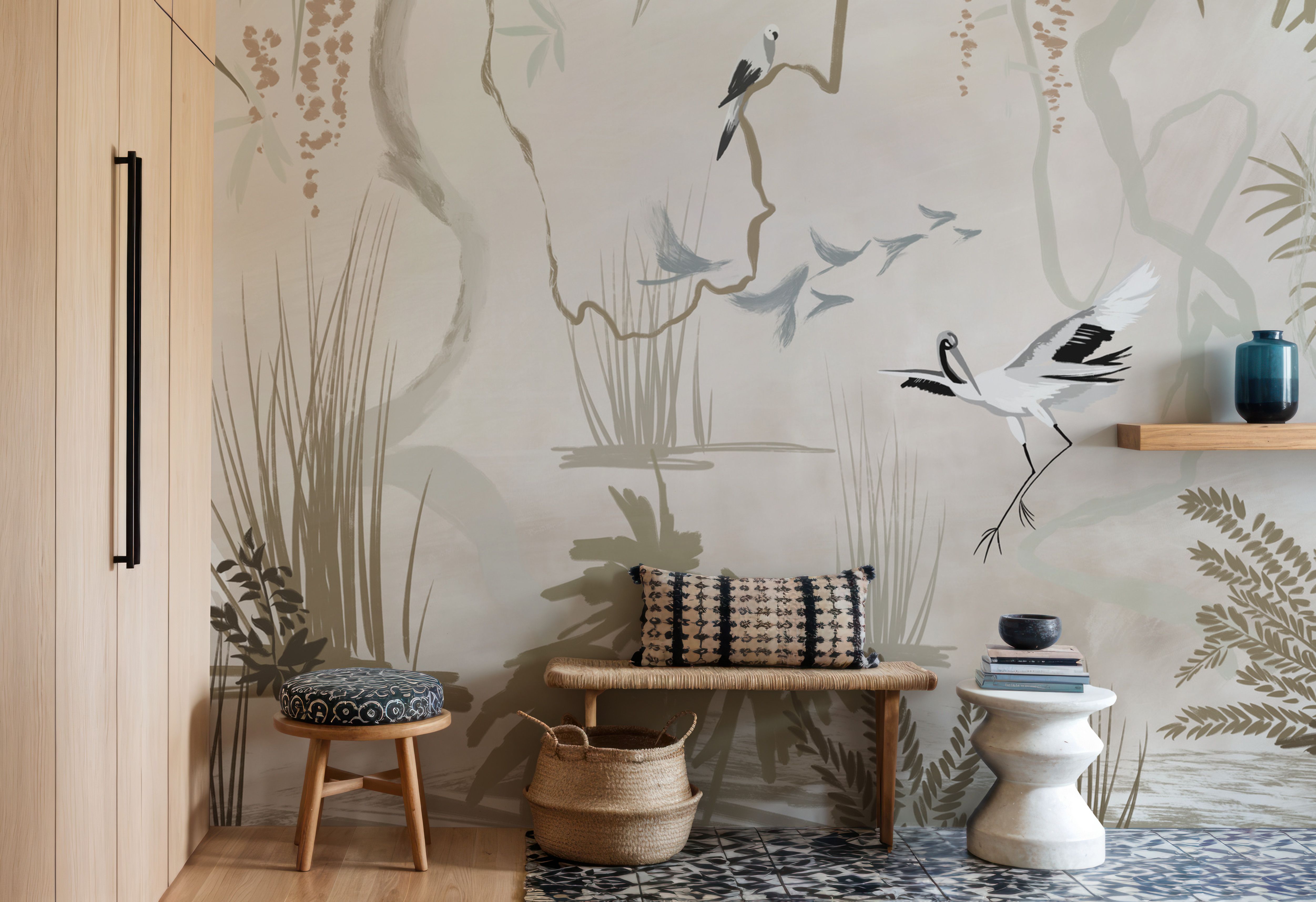 Painted Herons Scenery, Beige, Wallpaper