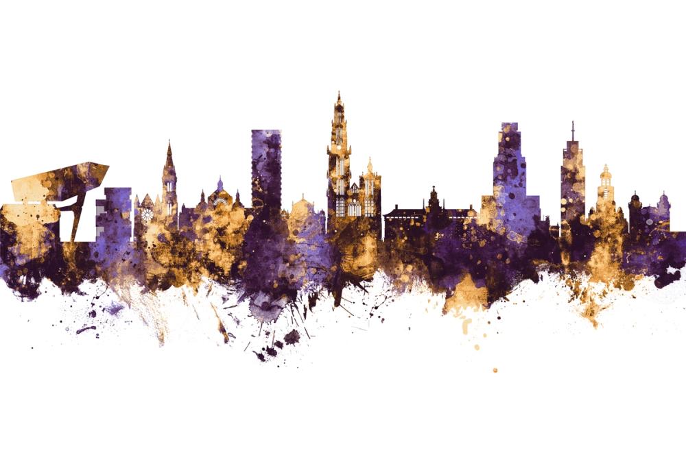 Antwerp Belgium Skyline Purple & Gold