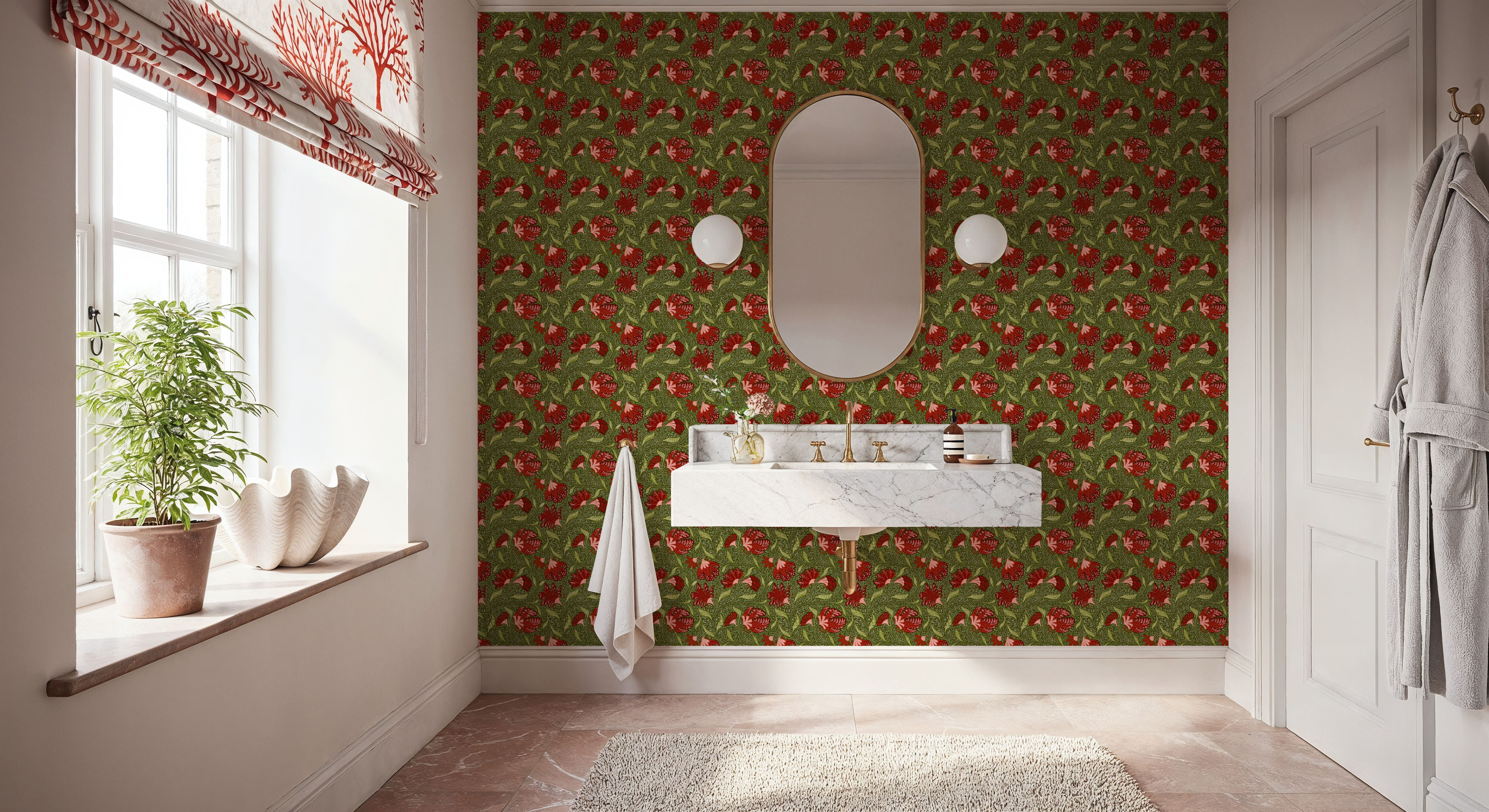Indial Floral, Vermilion on Olive