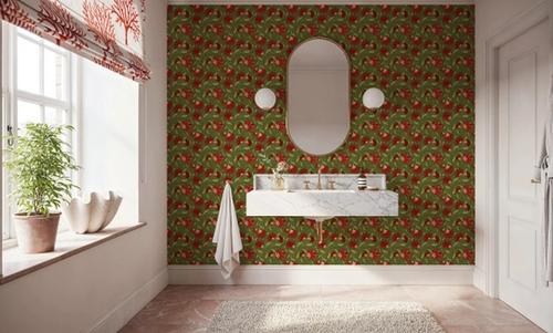 Indial Floral, Vermilion on Olive