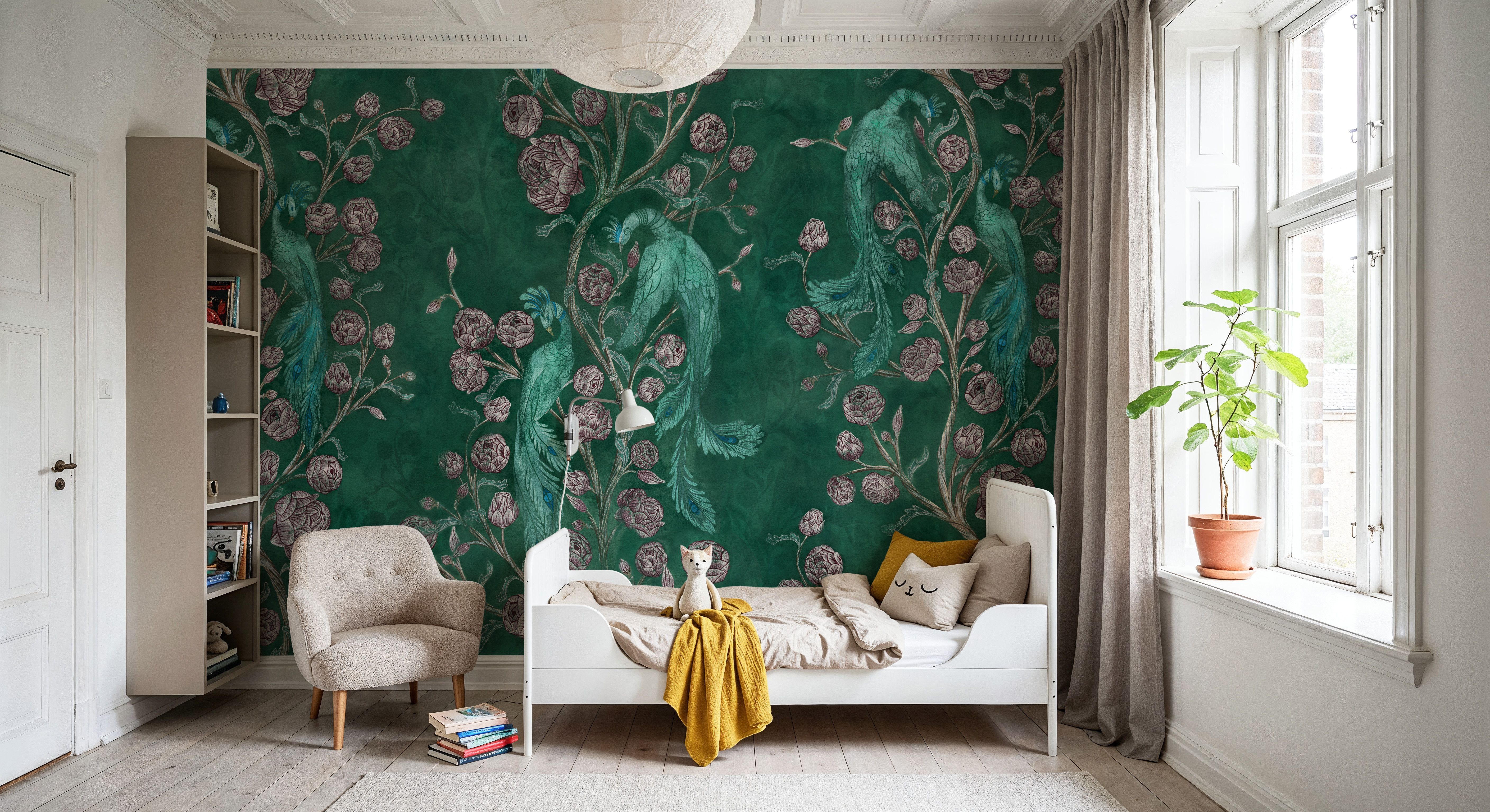 Peacock and Peony Chinoiserie Bottle Green