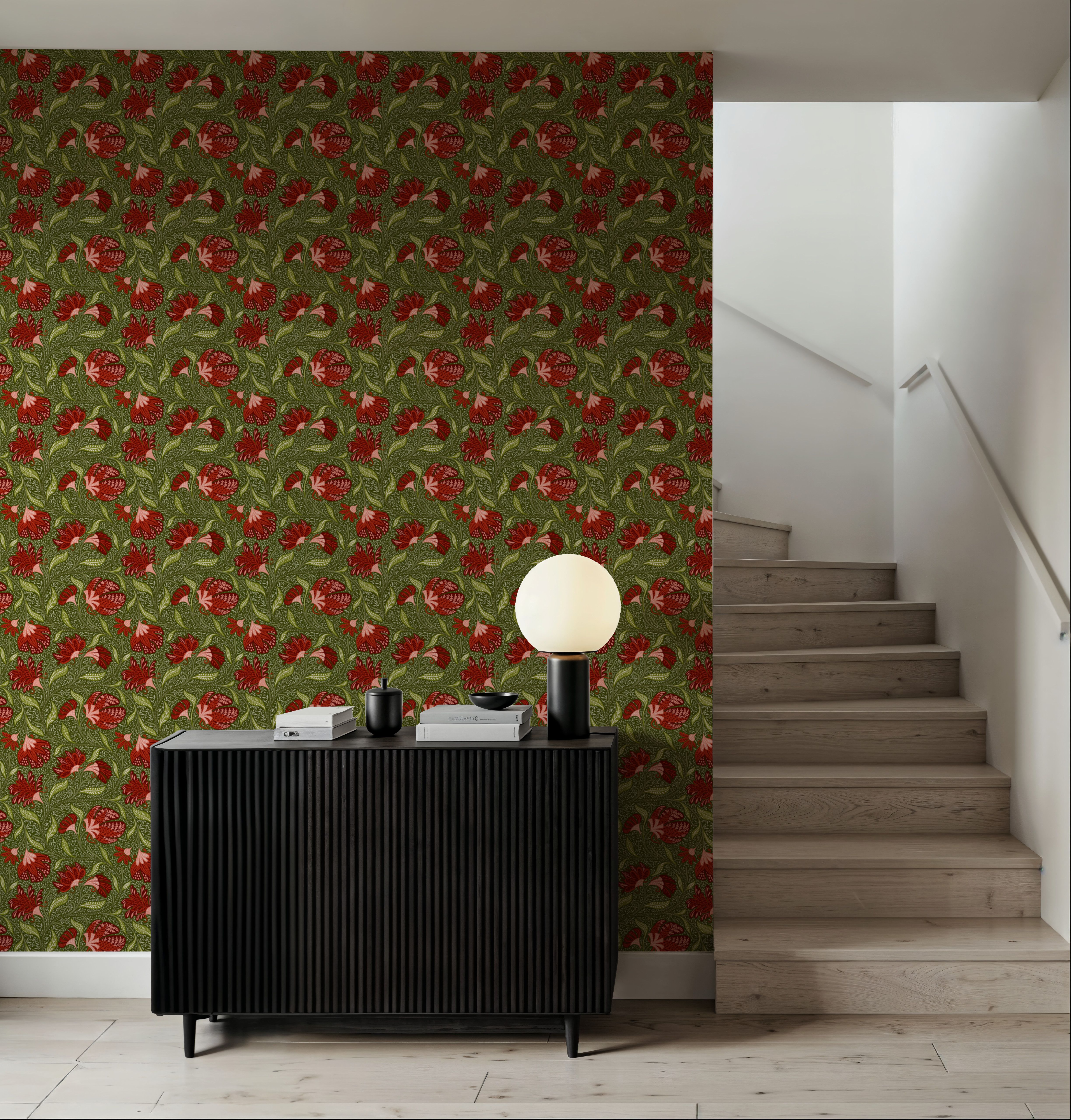 Indial Floral, Vermilion on Olive, Papier peint
