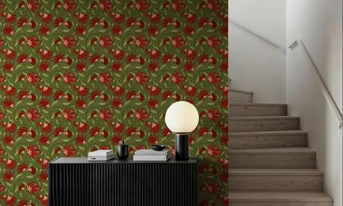 Indial Floral, Vermilion on Olive