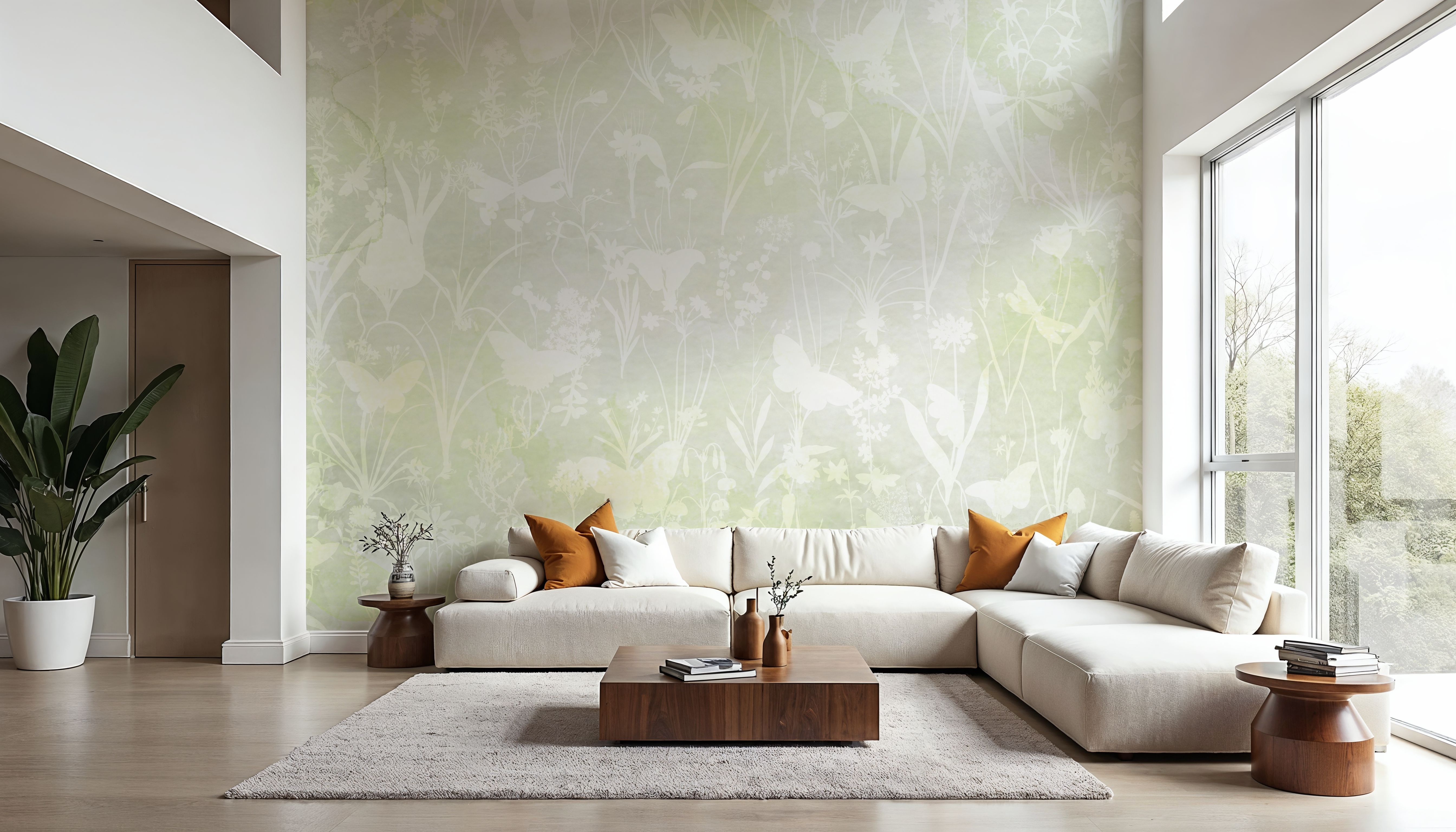 Herbals and Butterflies Double Silhouette Spring Green, Wallpaper