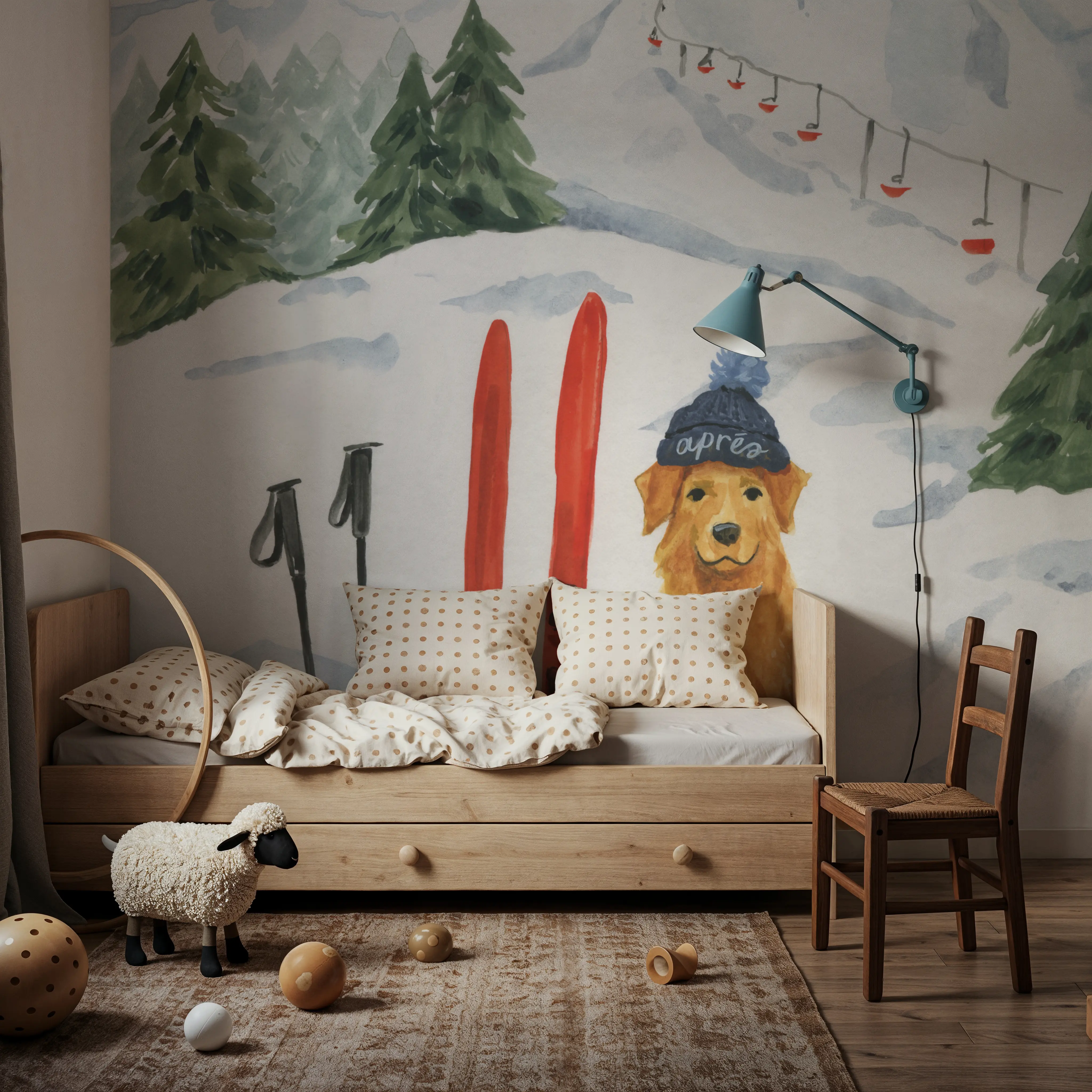 Papier Peint Panoramique - Apres Ski Dogs I - Montagnes Paysages - Blanc - chambre d'enfant - Wallism France - Encollage au mur ou Autocollant