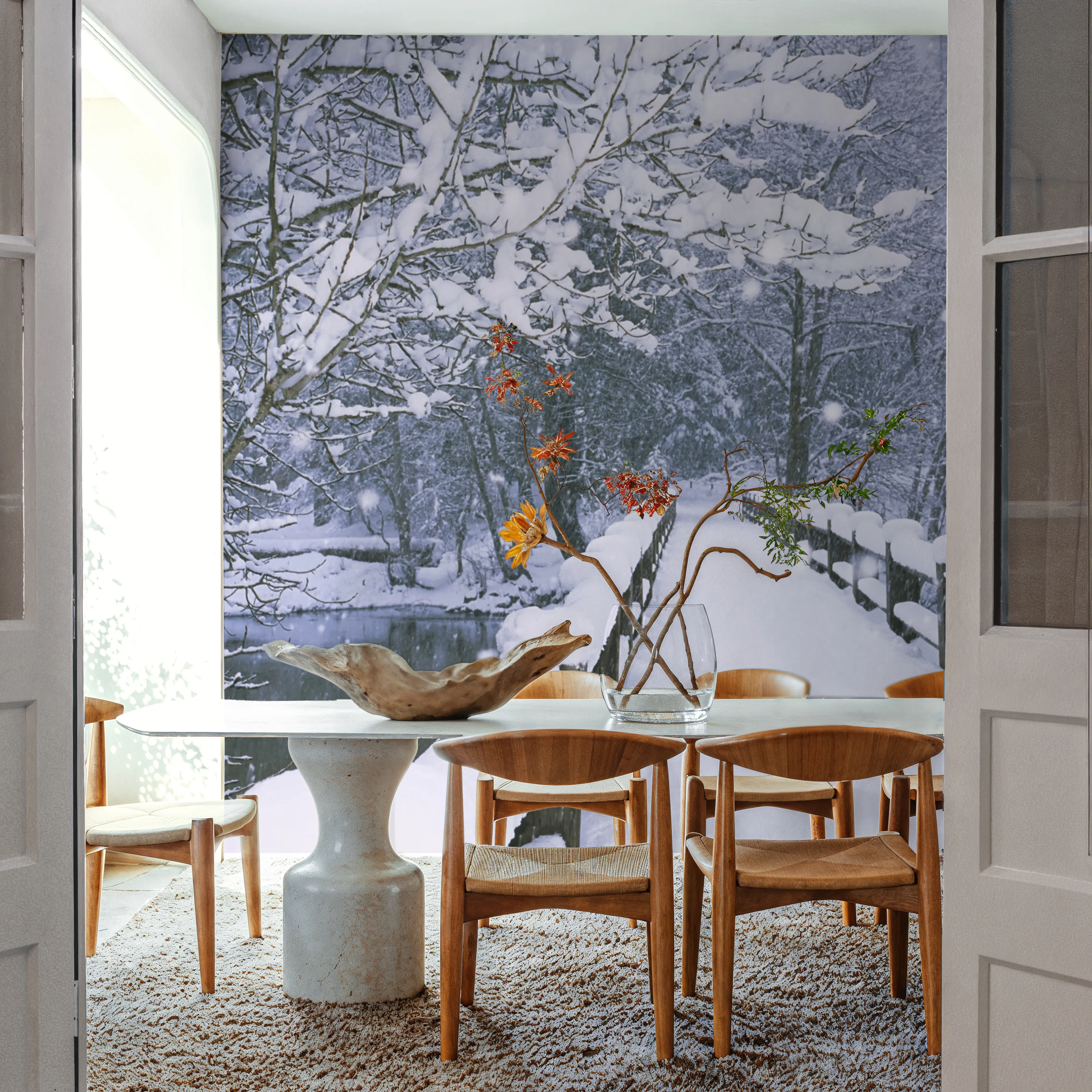 Wall Mural - Winter Bridge Serenity - Forest Landscapes mural wallpaper - White - Hallway staircases - Wallism UK - Peel & Stick or Paste-the-Wall