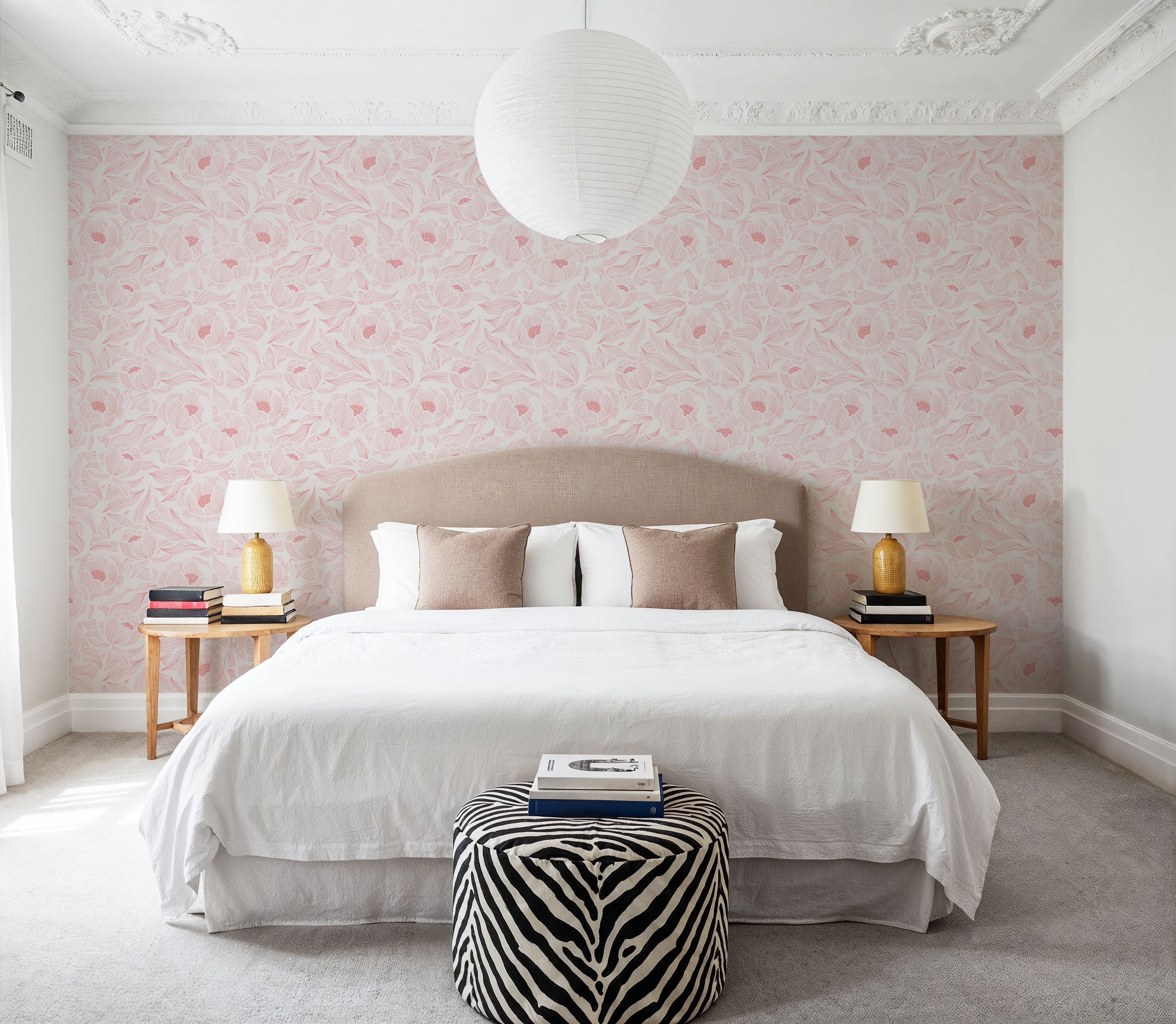 Hidden Peonies, Pink on White