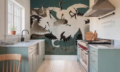 Japanese Flock of Cranes, Teal
