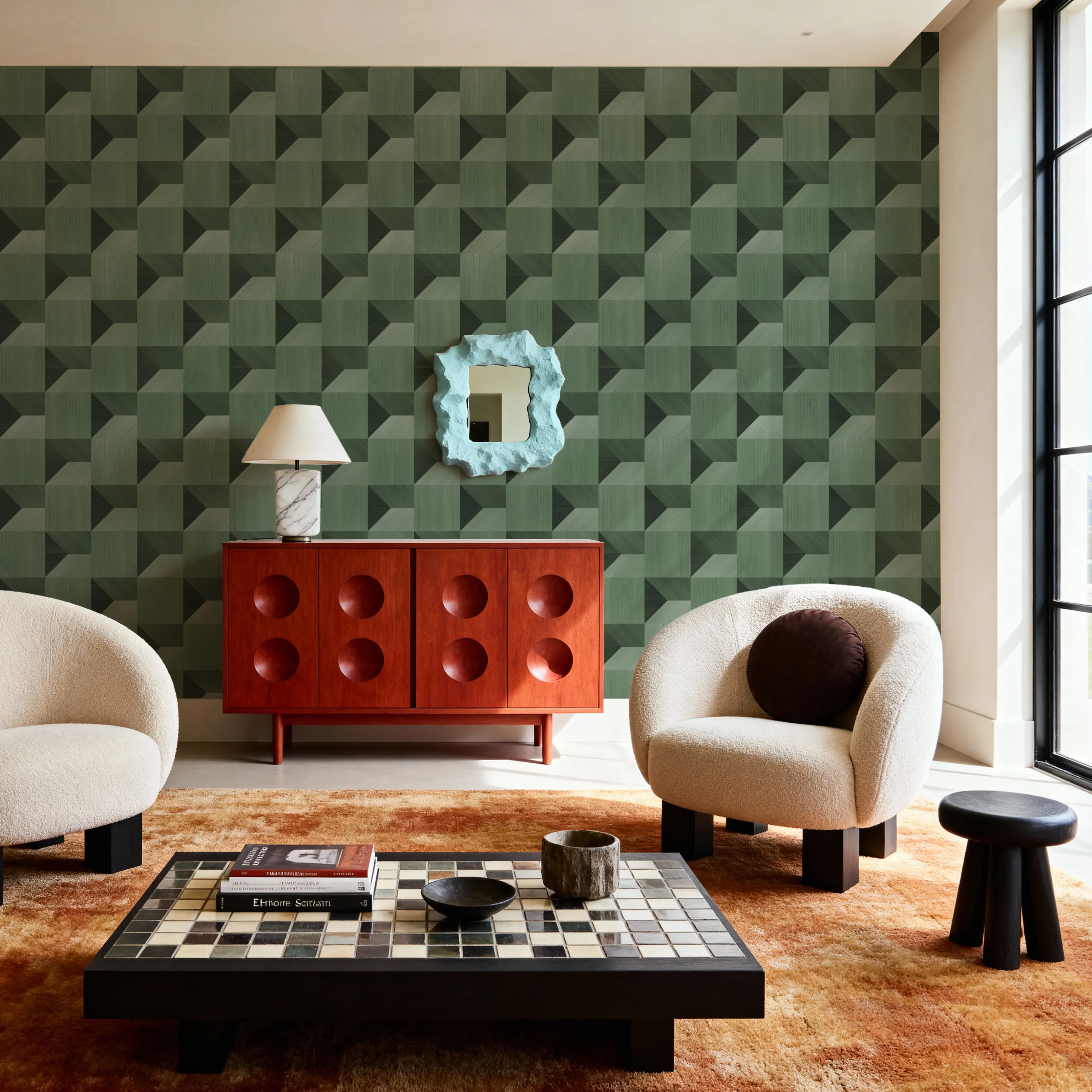 Behang - Illusion Box Marquetry, Green - Vierkanten - Groen - Woonkamer - Wallism België - Zelfklevend of Vliesbehang