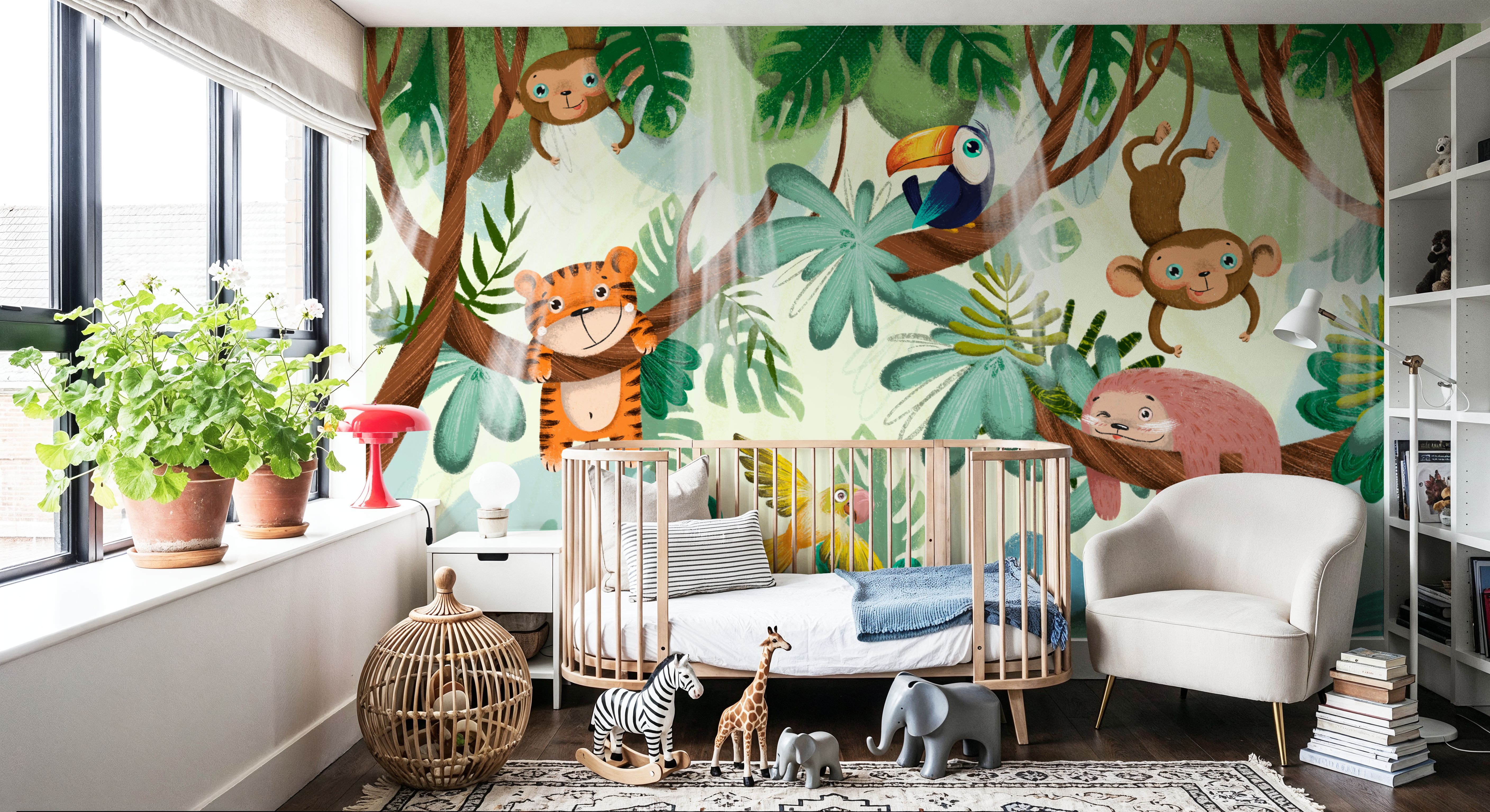 Wall Mural - Treetop Chill - Birds Animals mural wallpaper - Green - Kids' Room - Wallism UK - Premium, Textured or Peel & Stick