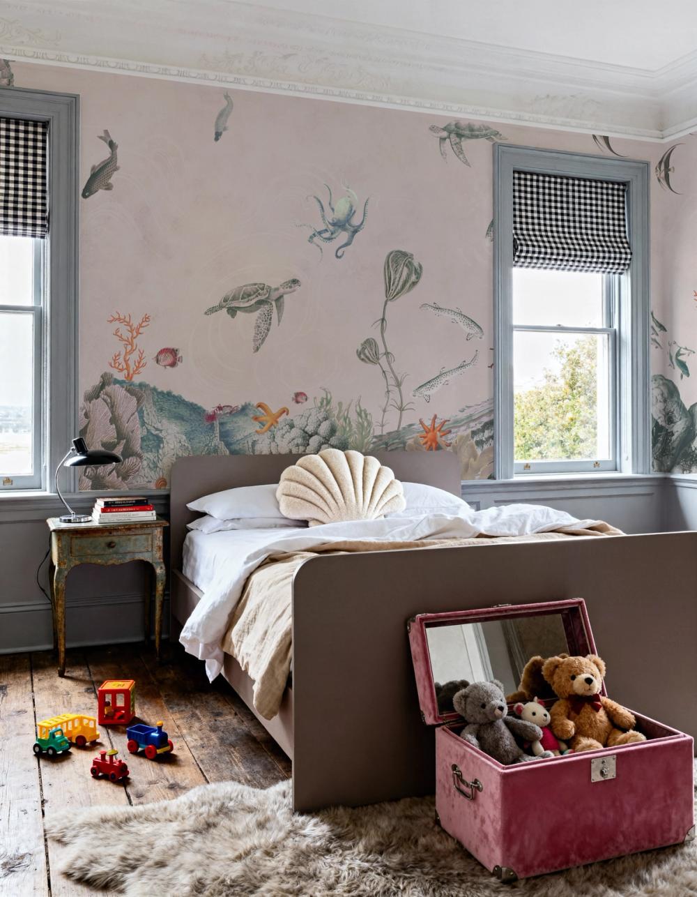 a photo of a kidsroom with soft pink undersea wallpaper