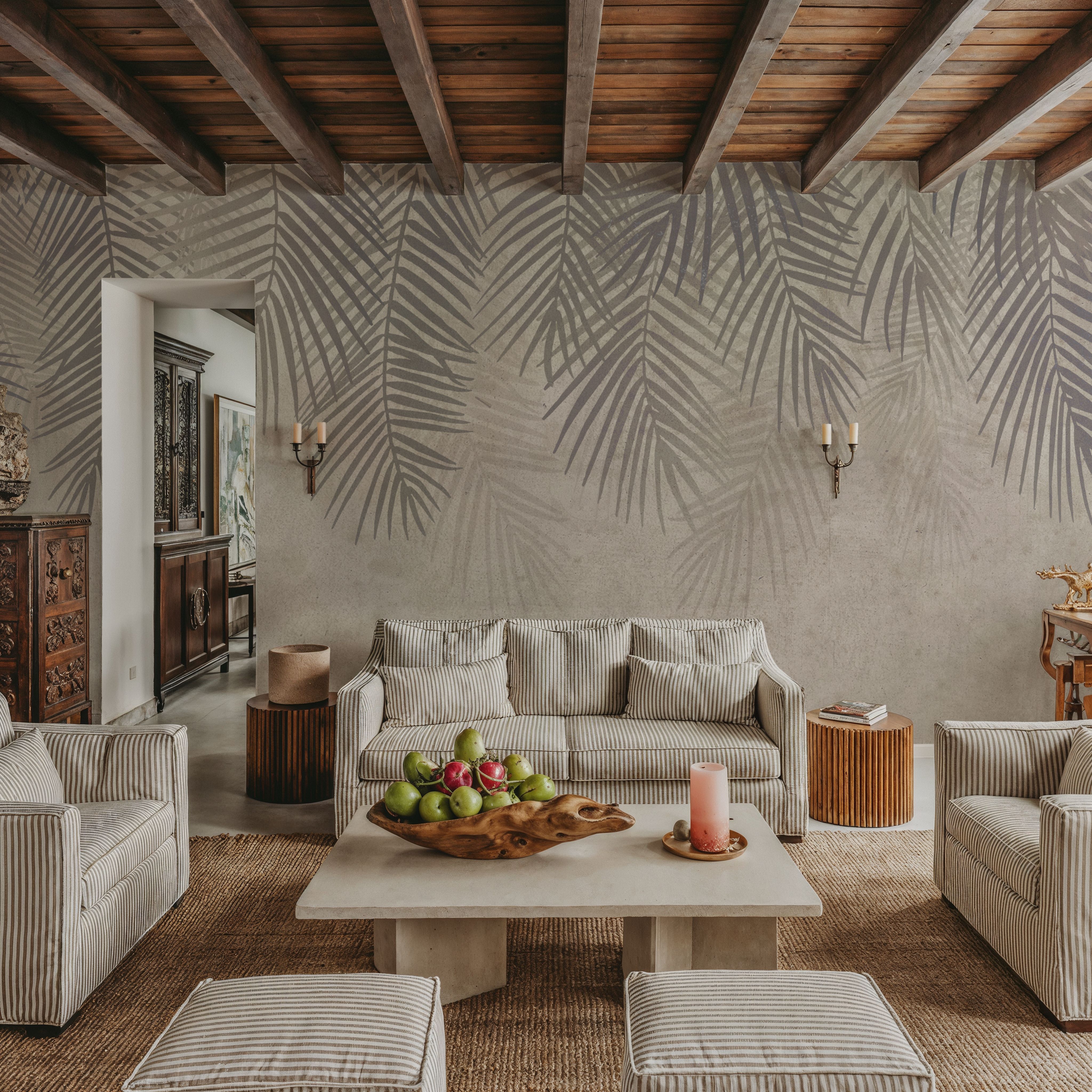 Wall Mural - Palms Up Ahead - Foliage Nature mural wallpaper - Gray - Bedroom - Wallism US - Premium, Textured or Peel & Stick