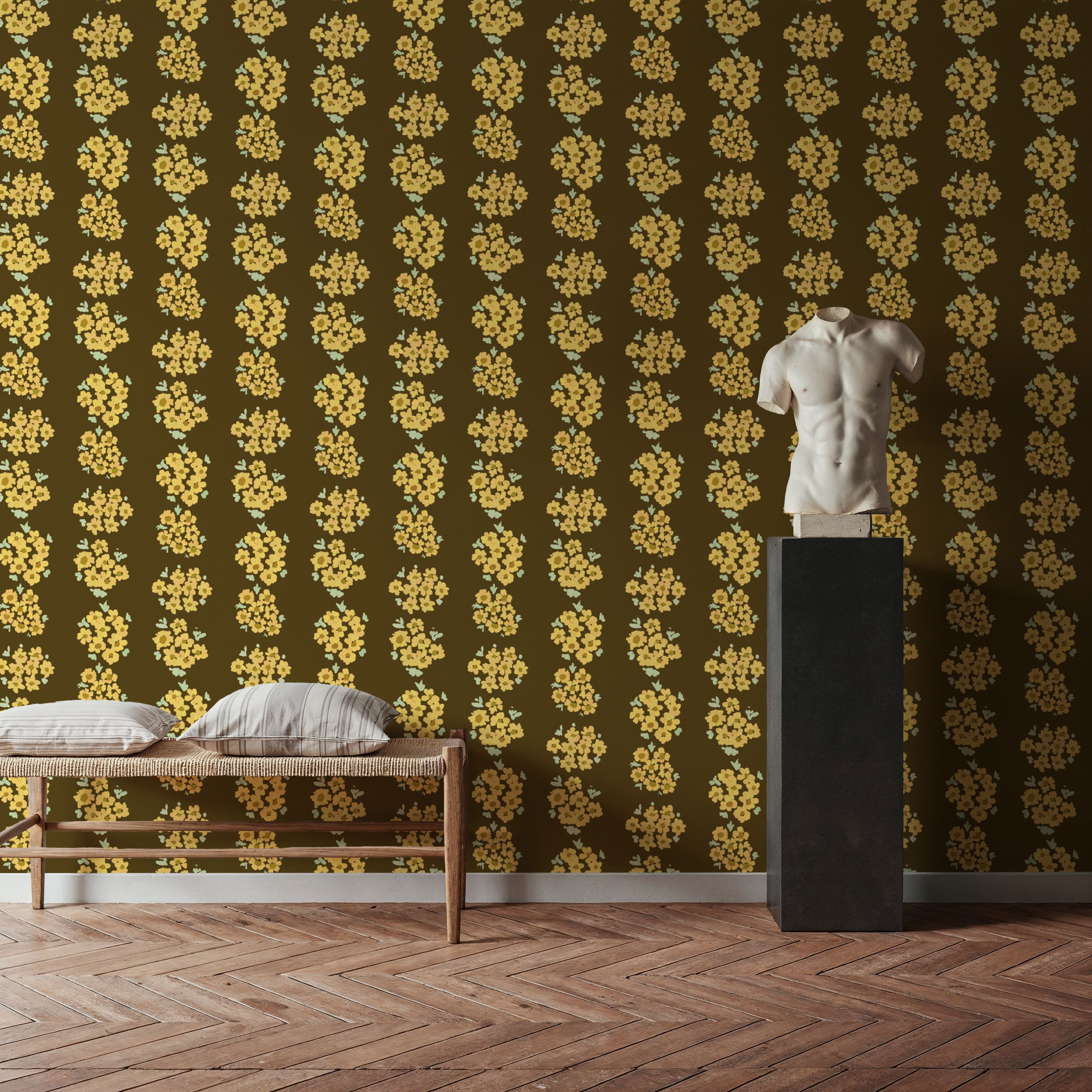 Ditsy Floral Clusters, Mud, Wallpaper