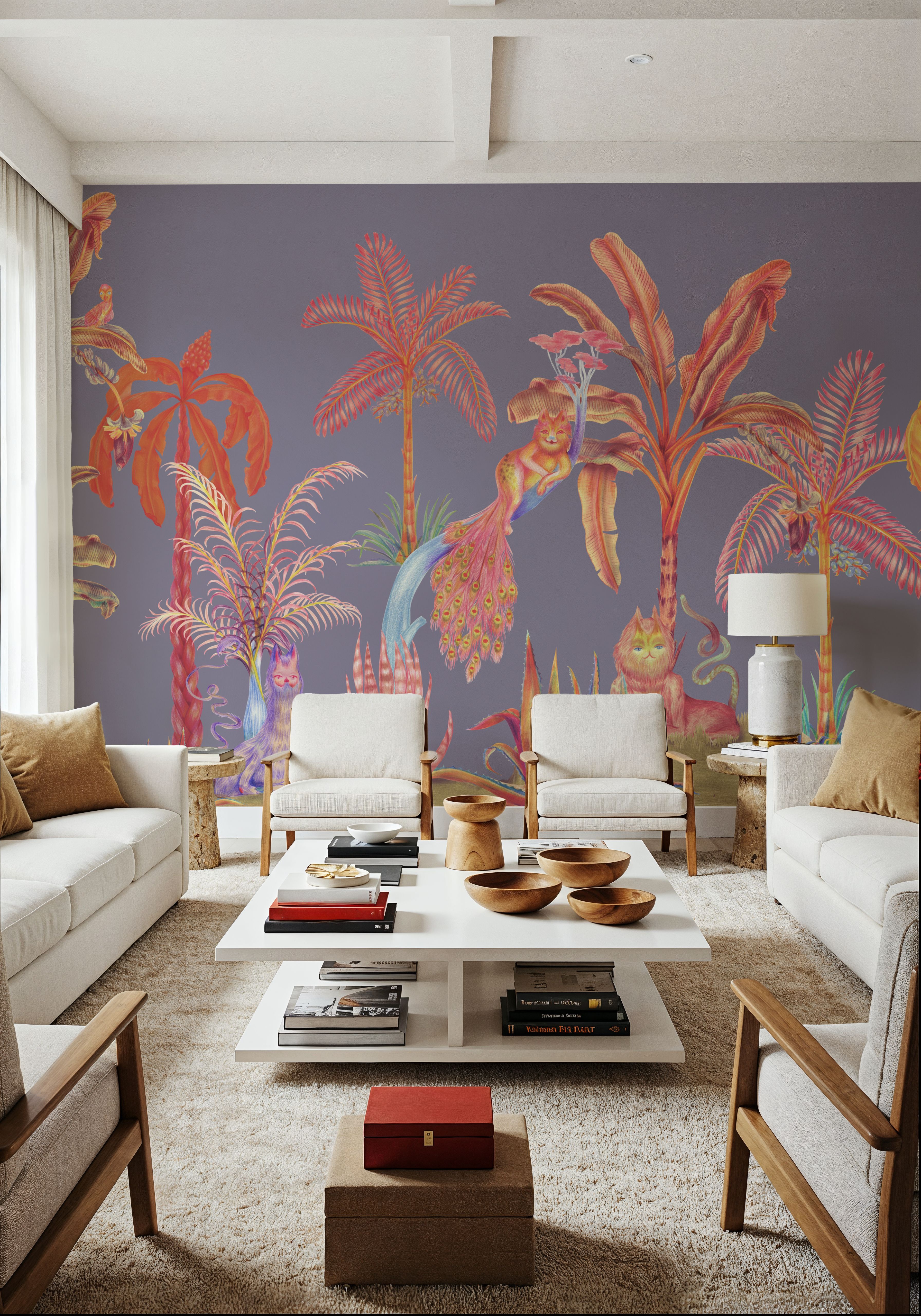 Wall Mural - Colorful Jungle, Periwinkle - Chinoiserie Fantasy mural wallpaper - Hallway staircases - Wallism US - Premium, Textured or Peel & Stick