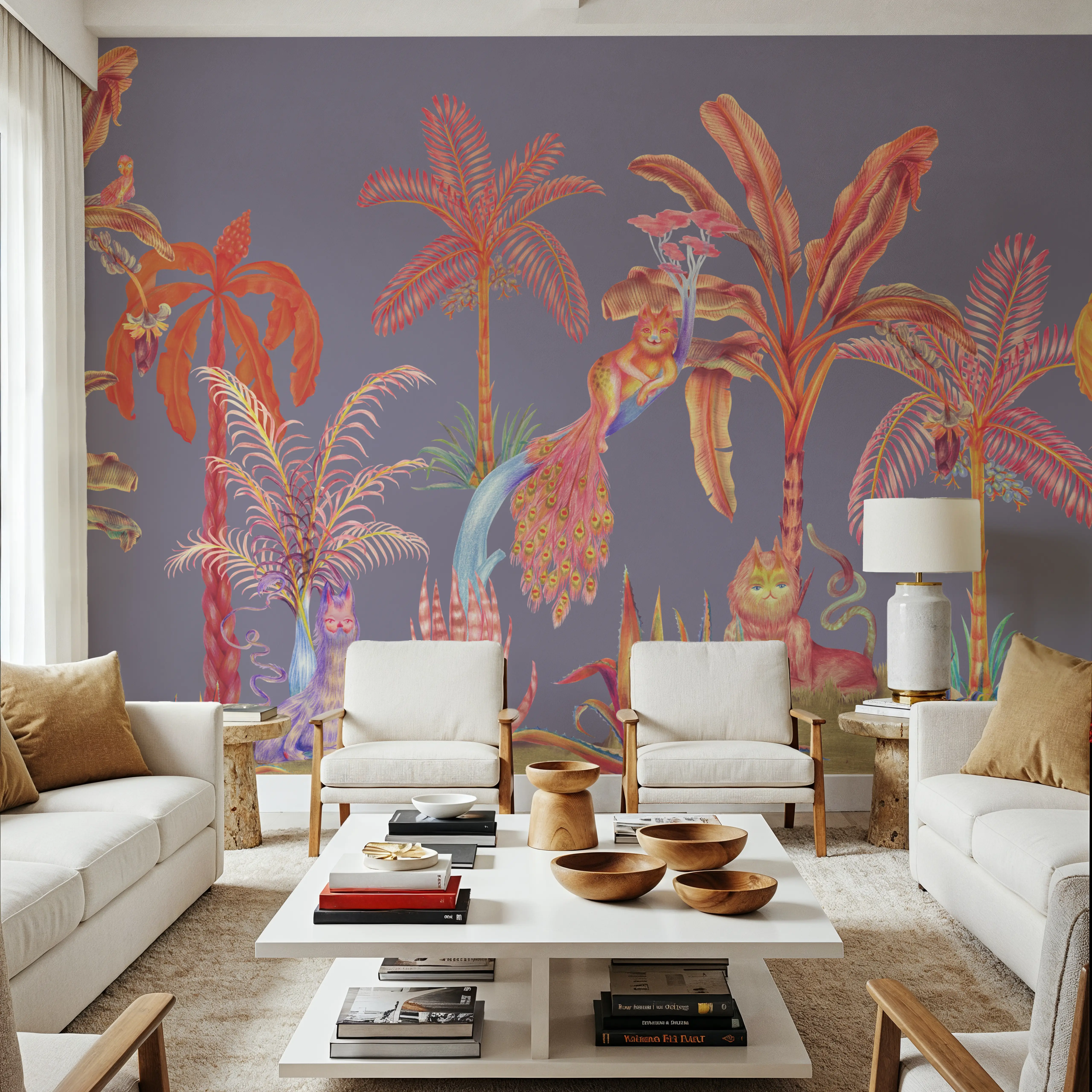 Papier Peint Panoramique - Colorful Jungle, Periwinkle - Chinoiserie Sauvage - Orange - Couloir et escaliers - Wallism Belgique