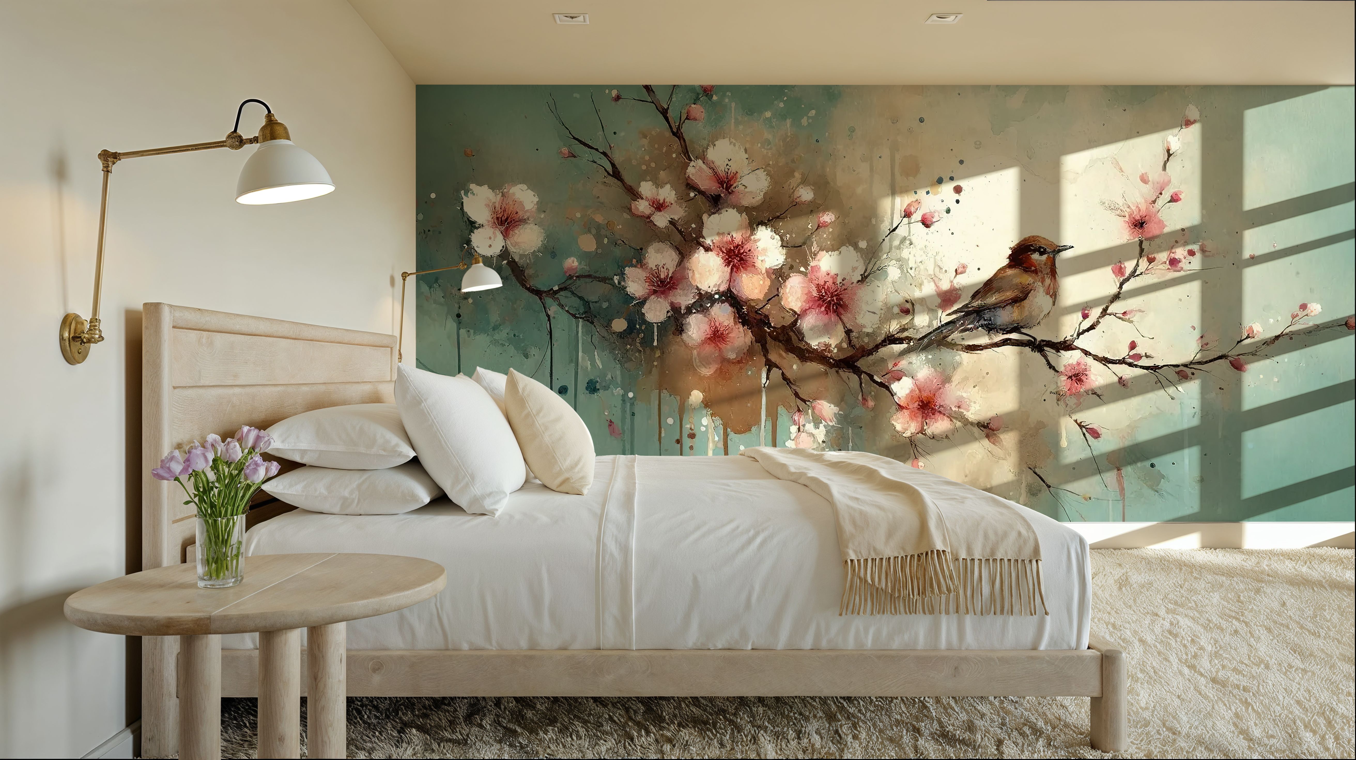 Cherry Blossoms Whispers on Teal Breeze
