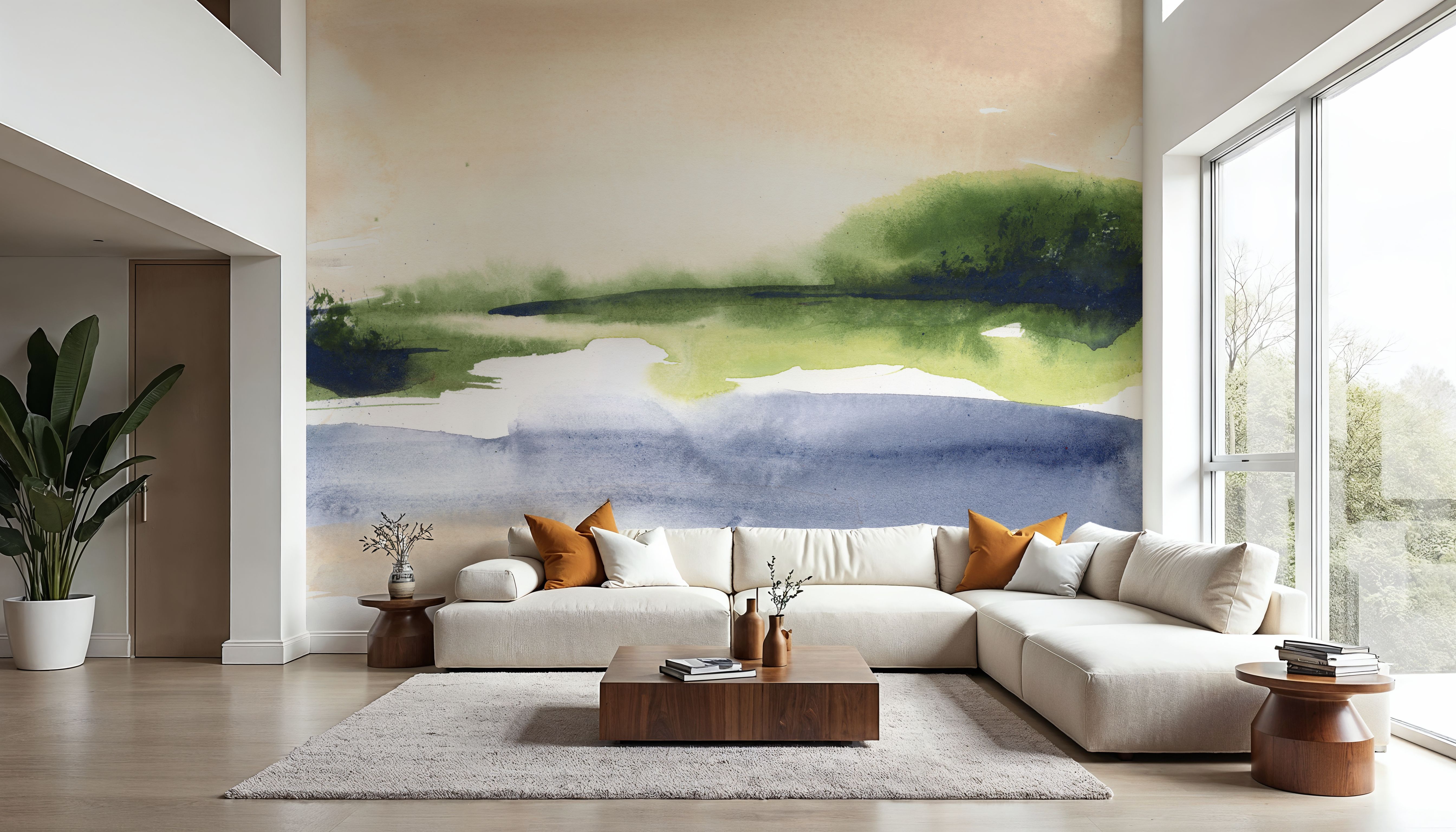 Wall Mural - Pond View II - Abstract Landscapes mural wallpaper - Green - Offices - Wallism US - Premium, Textured or Peel & Stick