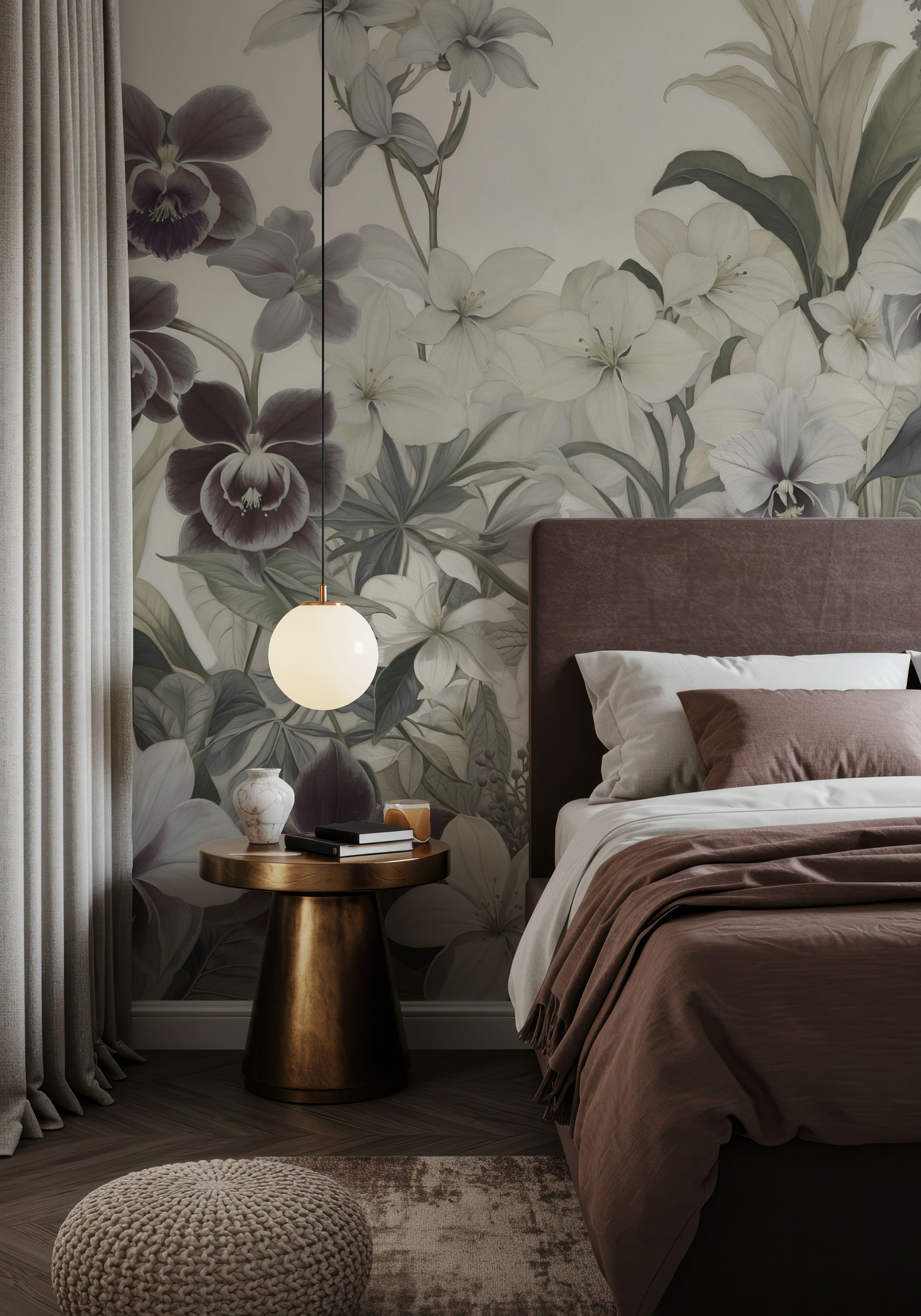 Wall Mural - The Tenderness of Orchids, Sage - Floral Nature mural wallpaper - White - Offices - Wallism US - Premium, Textured or Peel & Stick