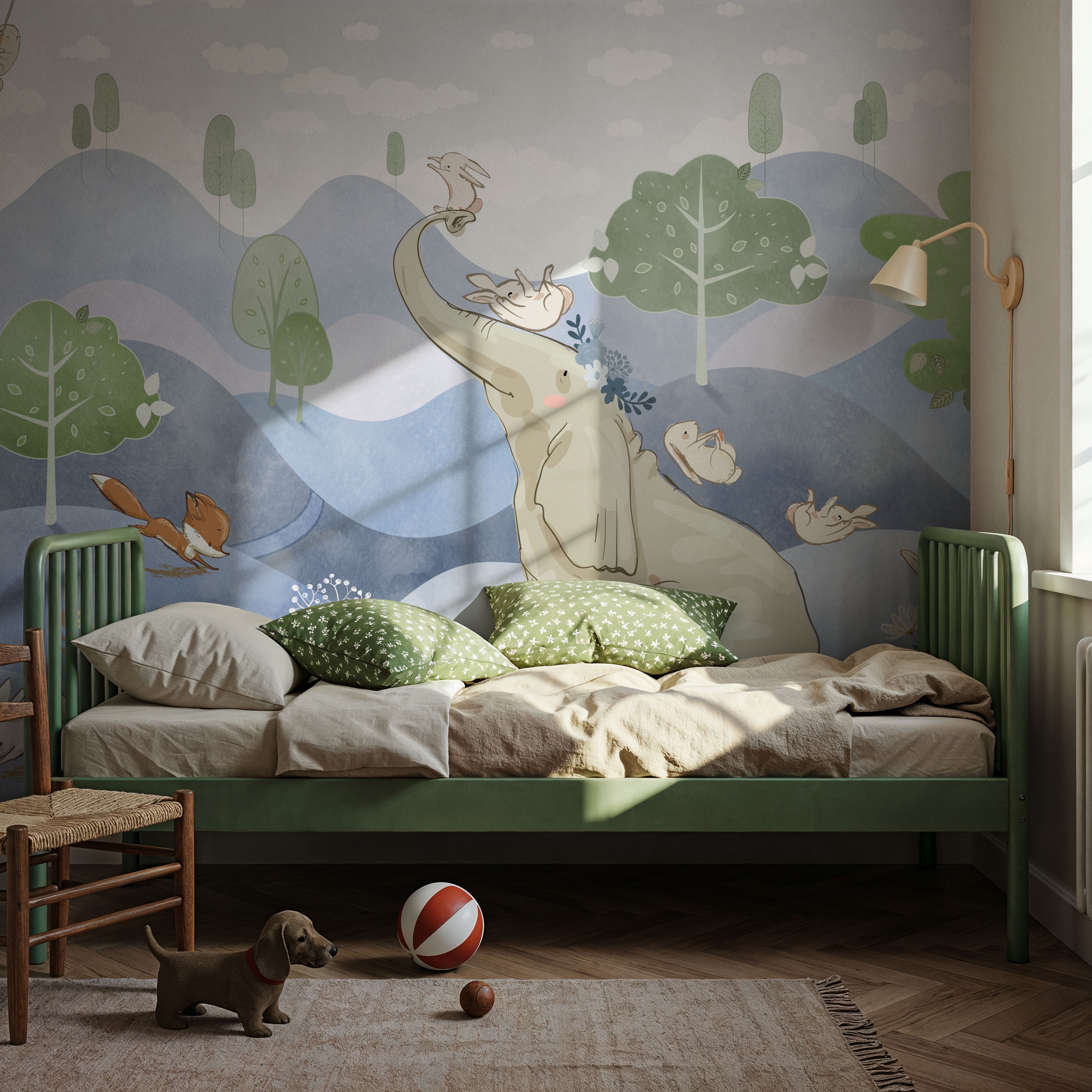 Wall Mural - Bunny Friends, Blue - Graphics Animals mural wallpaper - Blue - Kids' Room - Wallism US - Premium, Textured or Peel & Stick