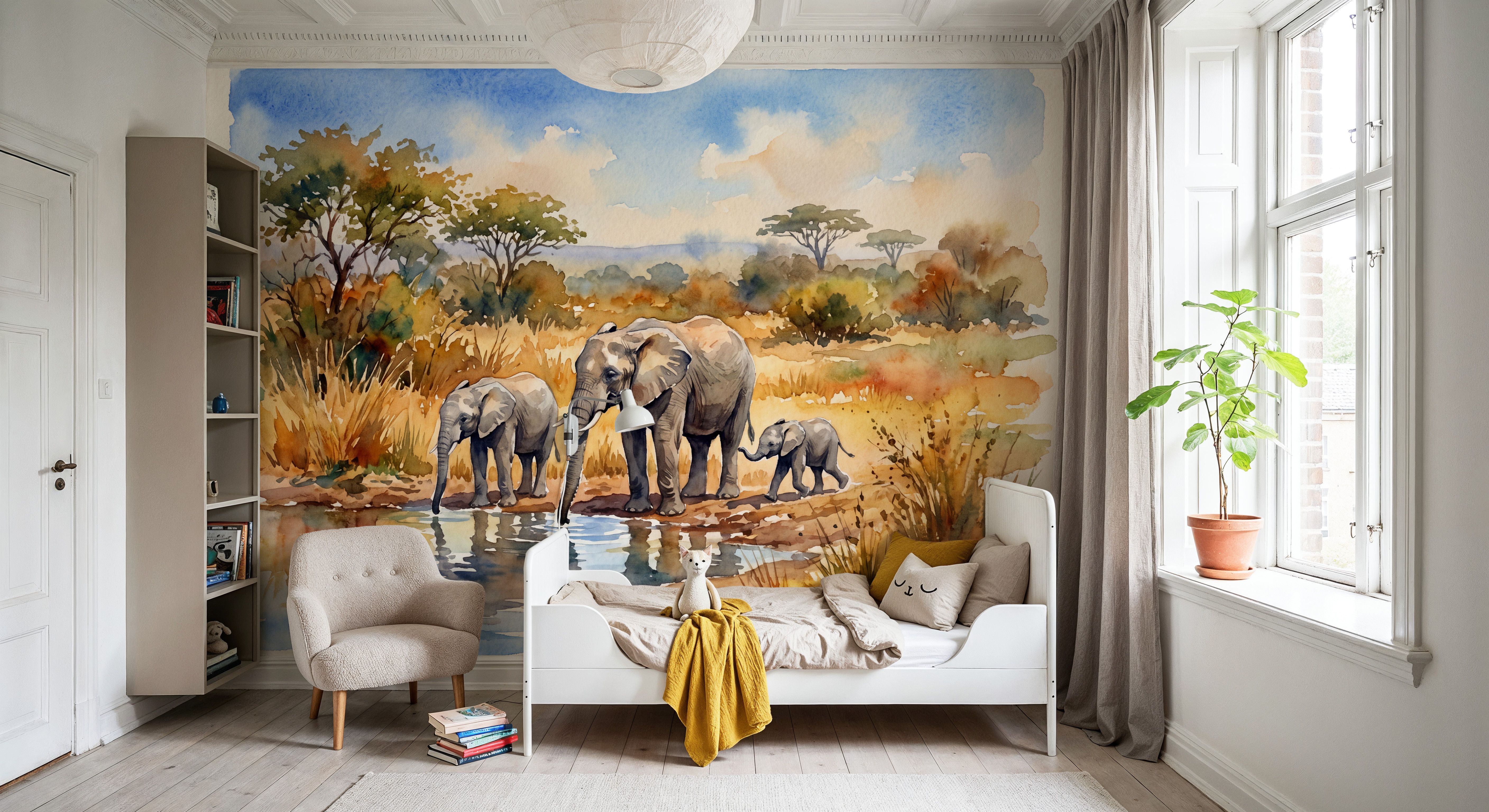Elephants by the Water Hole - Watercolor Landscapes Series