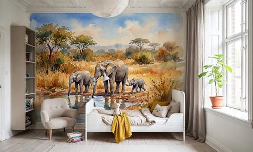 Elephants by the Water Hole - Watercolor Landscapes Series
