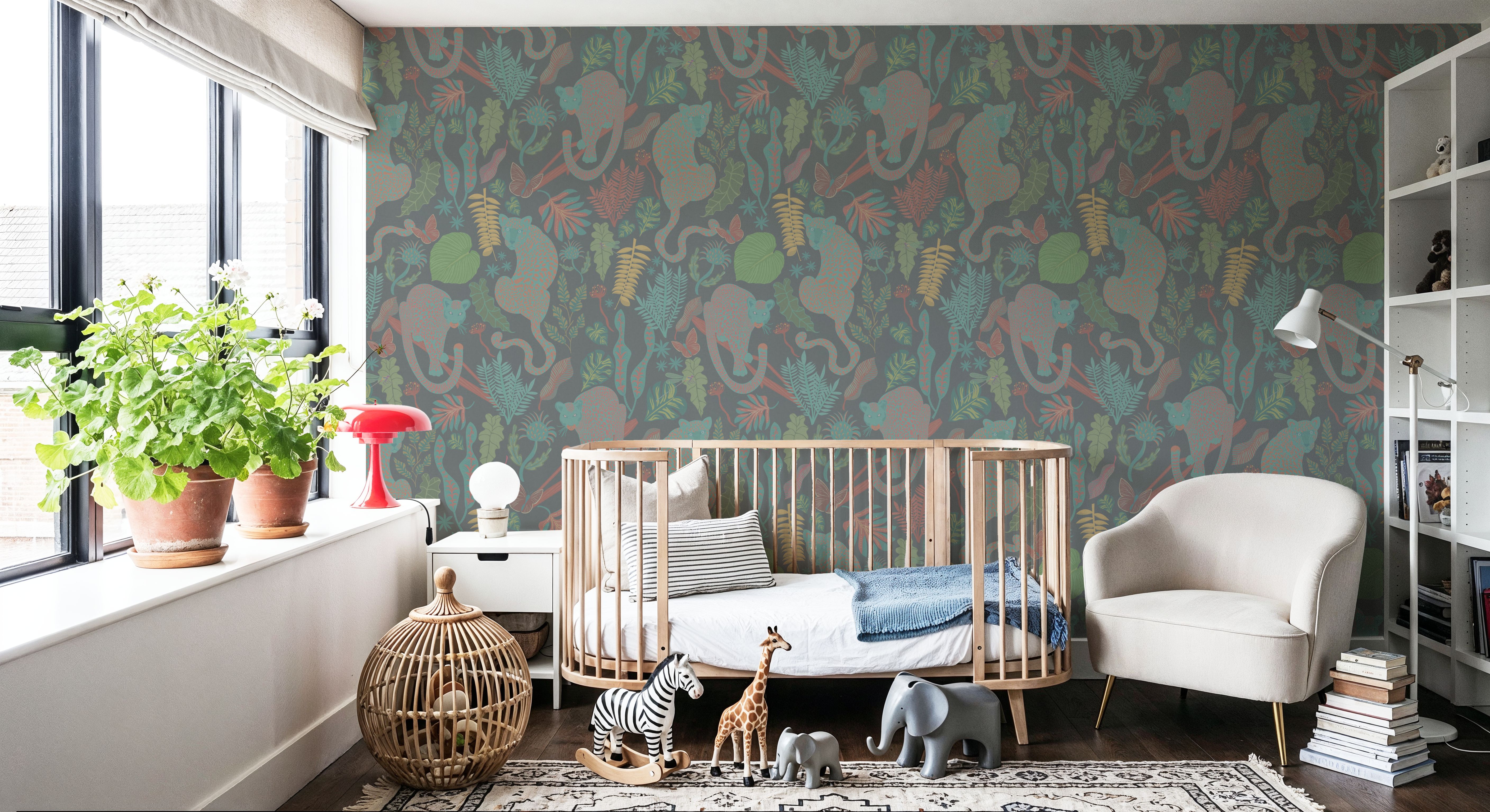 Jungle Leopards Washed Green, Wallpaper