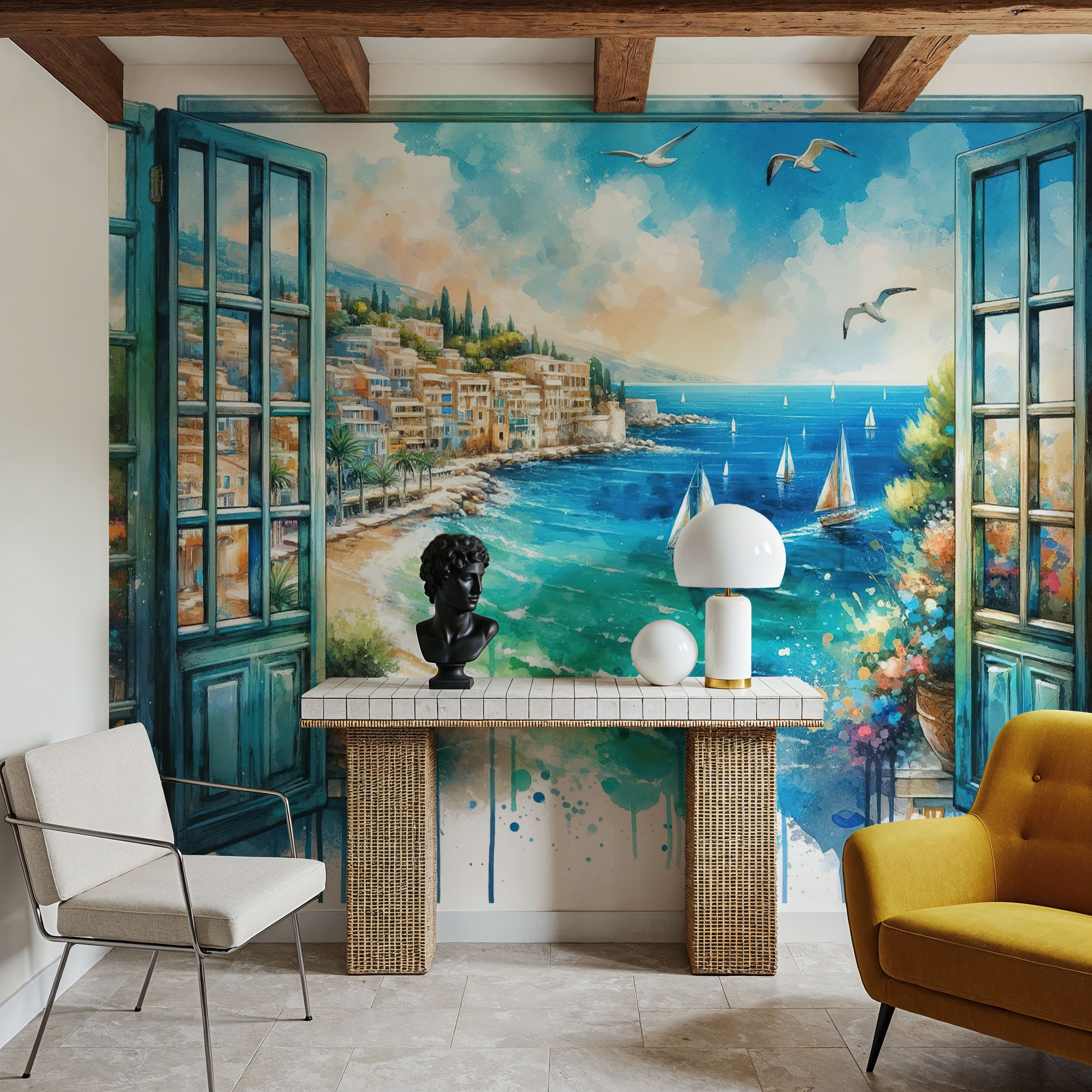 Mediterranean Coastline through Open Window