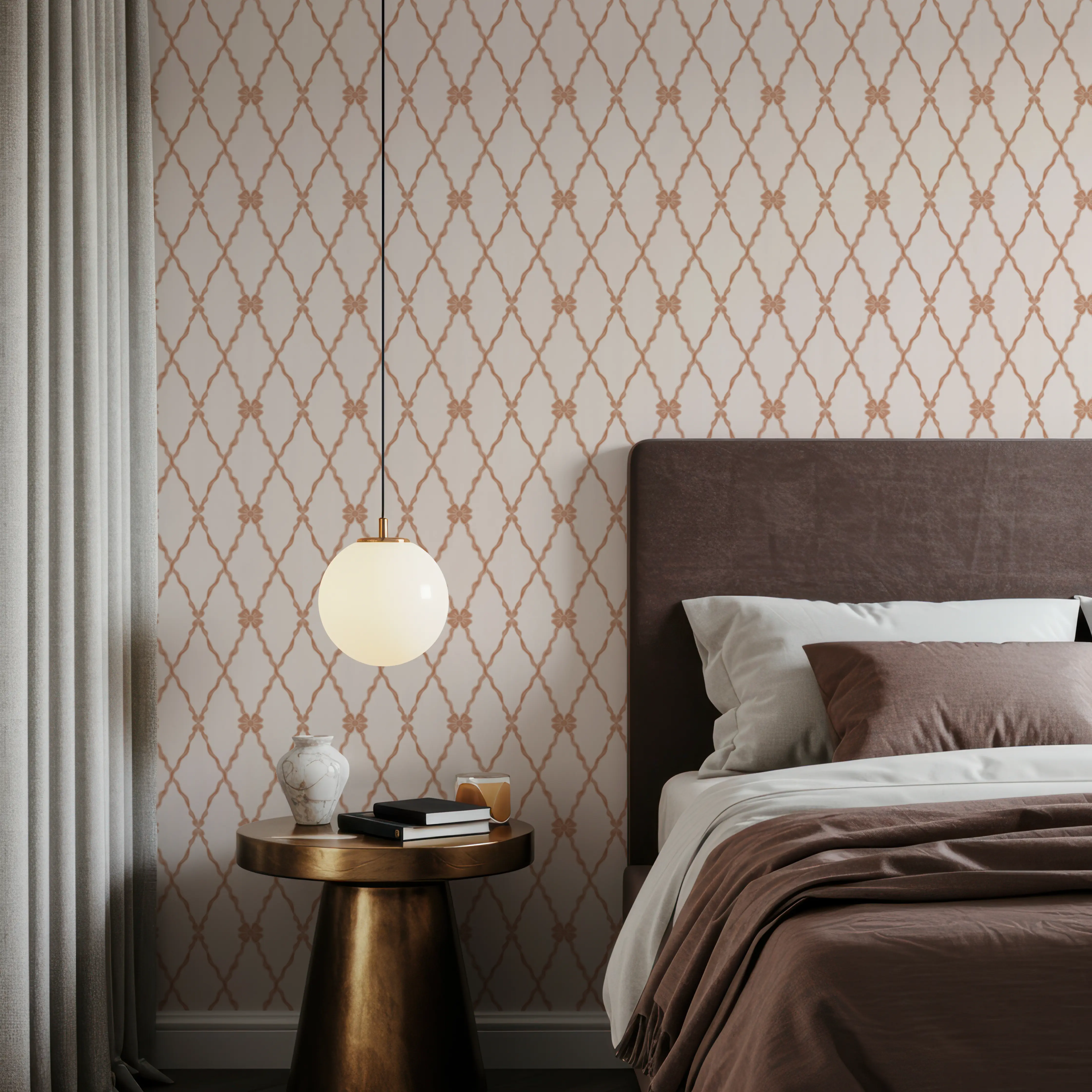 Wallpaper - French Country Style Argyle, Earth - Trellis - Brown - Living room - Wallism UK - Peel & Stick or Paste-the-Wall