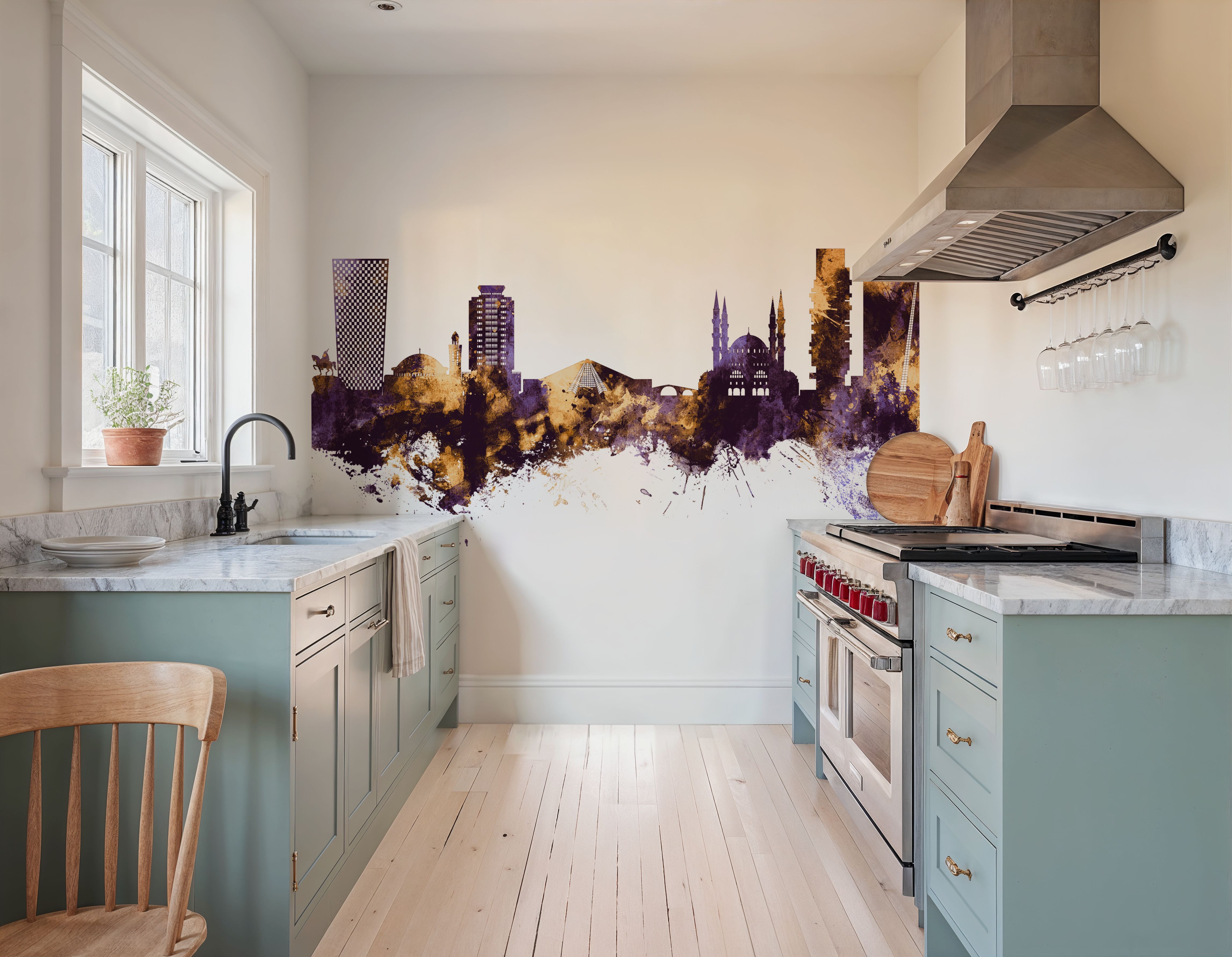 Wall Mural - Tirana Skyline Purple & Gold - Bedroom - Wallism US - Premium, Textured or Peel & Stick