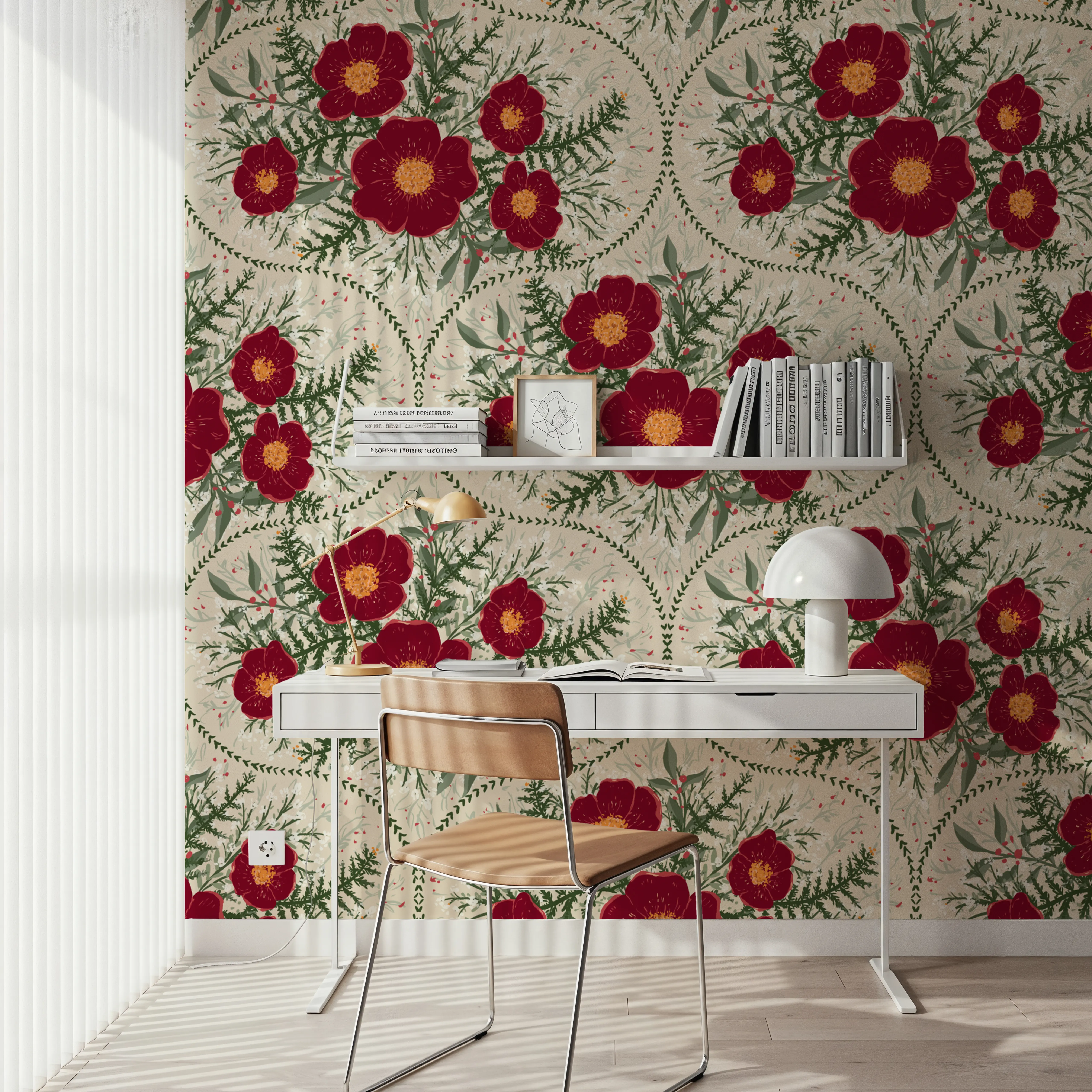Papier Peint - Yuletide Camelia, Bone White - Chintz Nature - Rouge - Salle à manger - Wallism Belgique - Encollage au mur ou Autocollant