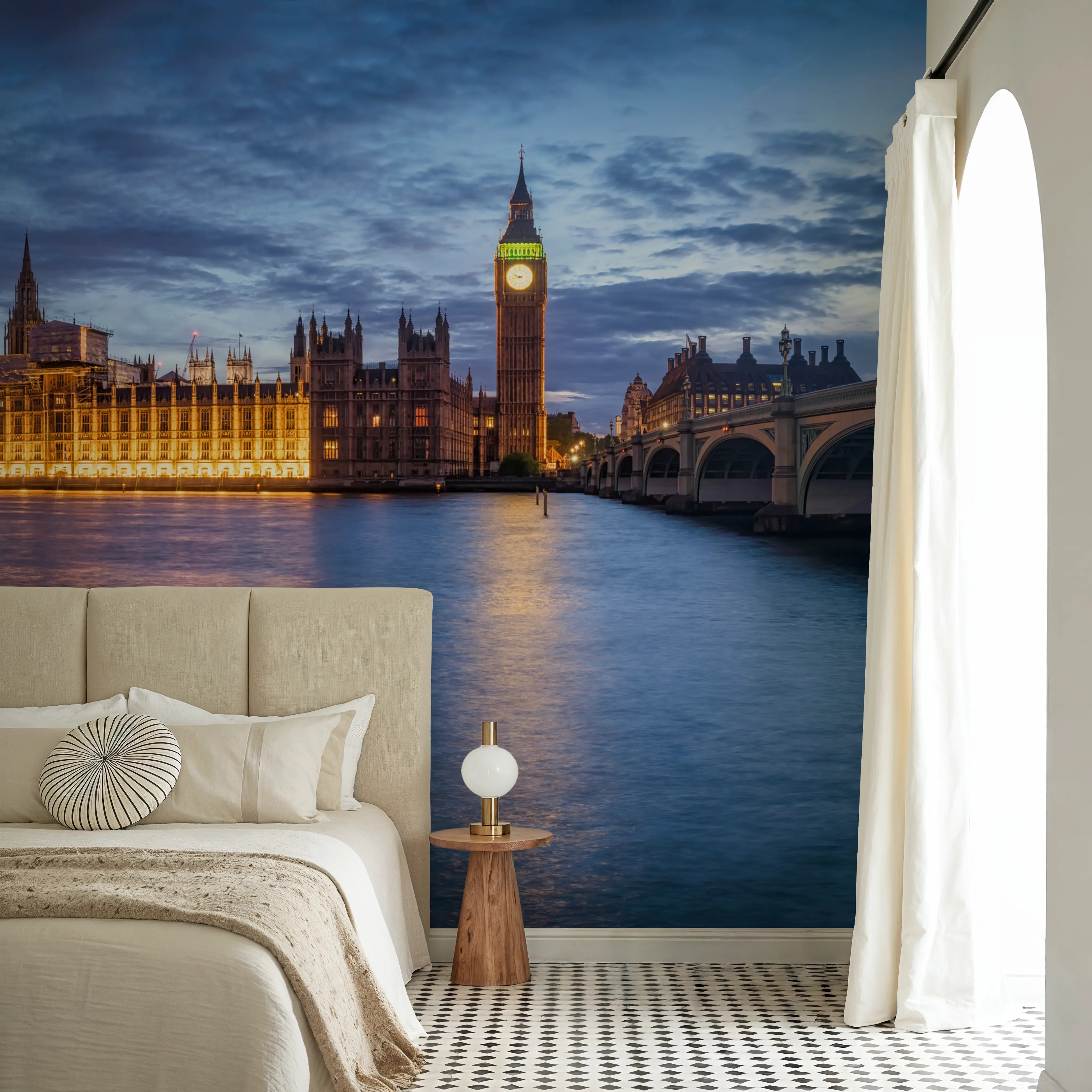 Fotobehang - Westminster Lit - Architectuur Monumenten Mural - Blauw - Kantoorruimtes - Wallism België - Zelfklevend of Vliesbehang