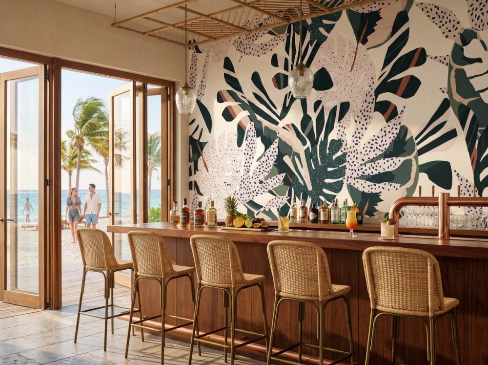 an interior photo of a bar at a beach resort. behind the bar there is a tropical wall mural in green and white