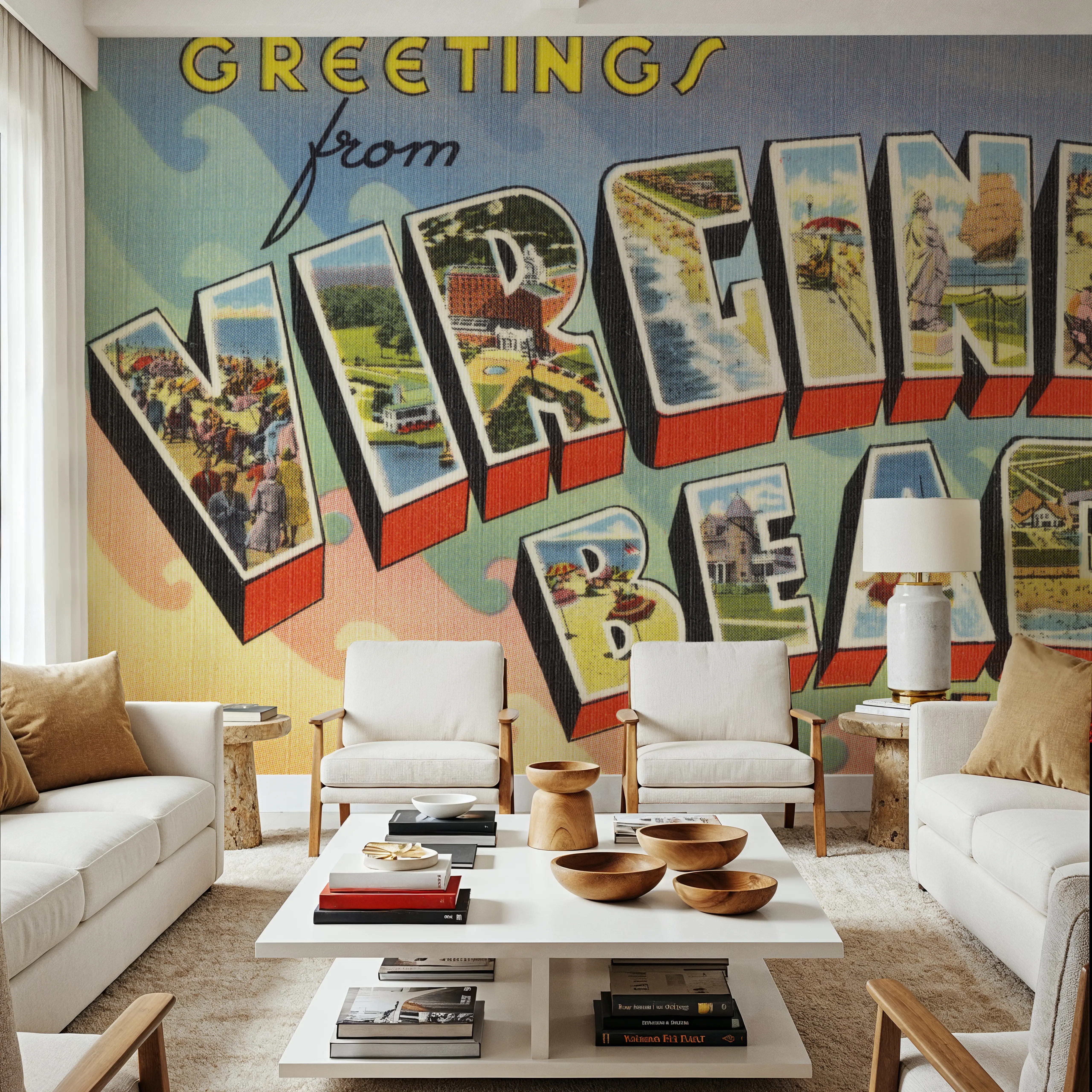 Fotobehang - Greetings from Virginia Beach - Screenprint Postcard - Strand Landschappen Mural - Blauw - Slaapkamers - Wallism België
