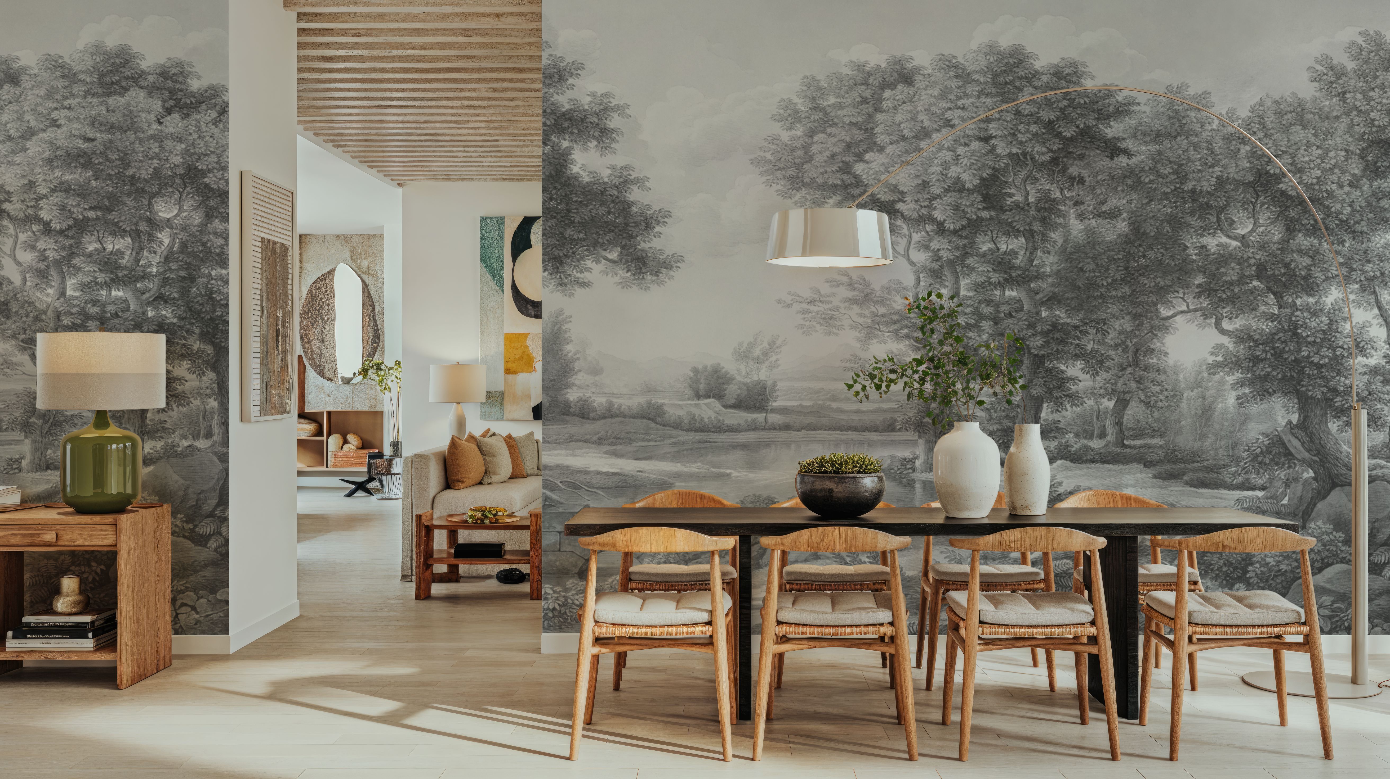 Riverbank Oak Landscape, Pewter, Carte da parati