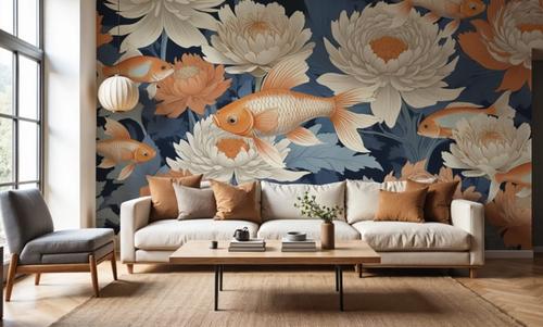 Dancing Fish, Orange on Blue