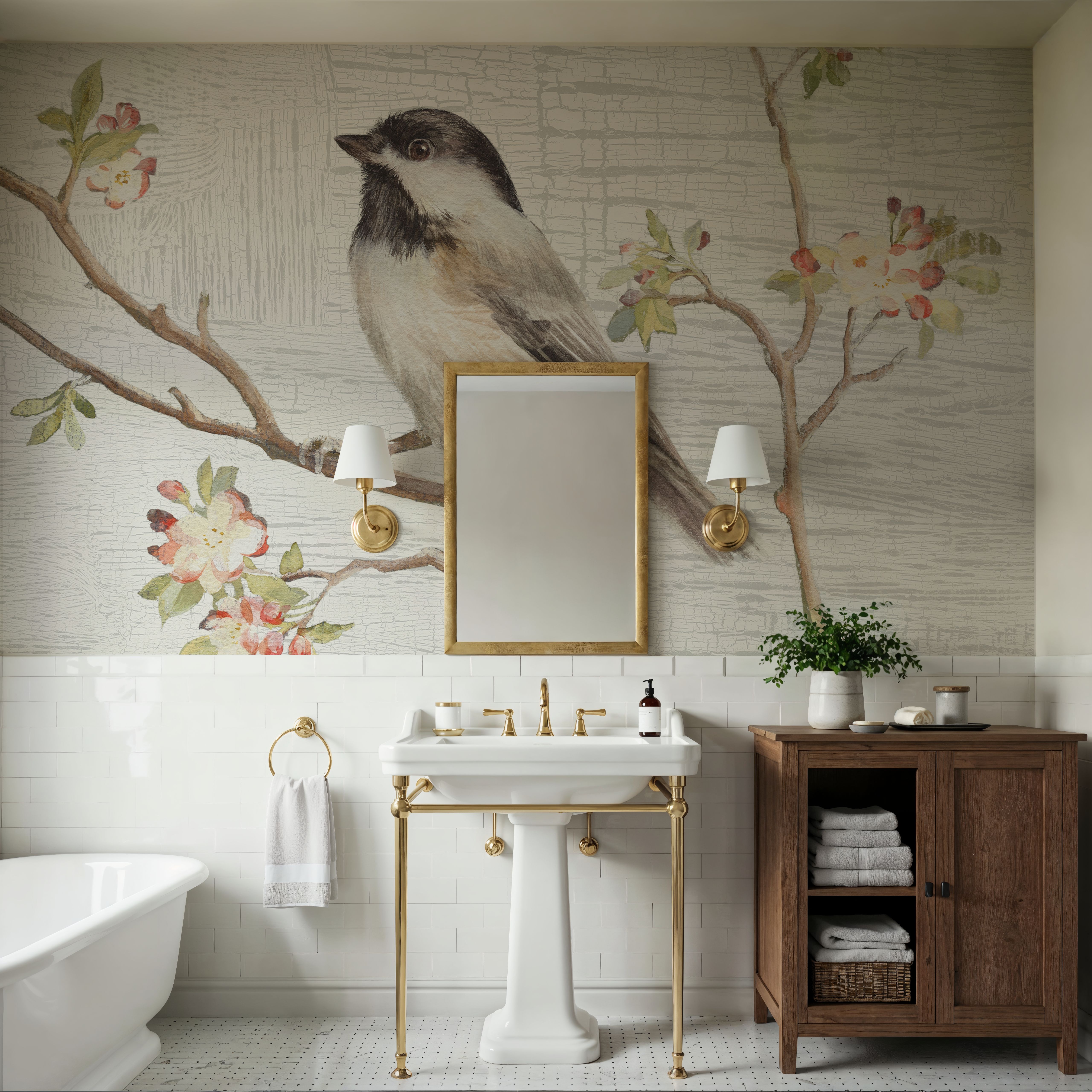 Wall Mural - Black Capped Chickadee Vintage - Birds Nature mural wallpaper - White - Hallway staircases - Wallism UK