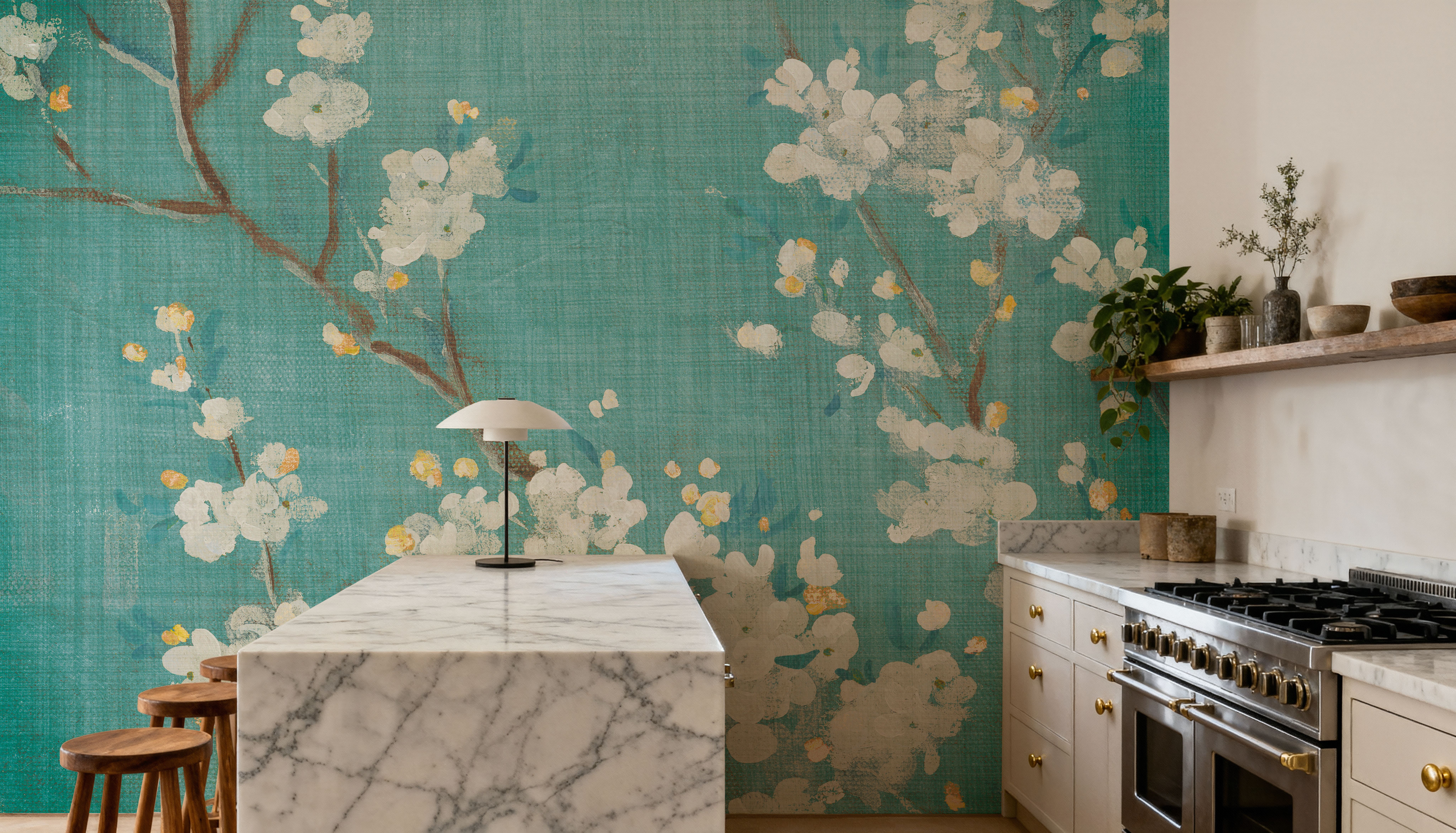 White Cherry Blossoms II on Blue Aged No Bird, Wallpaper