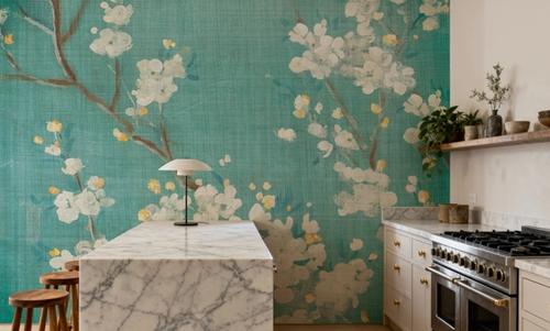 White Cherry Blossoms II on Blue Aged No Bird