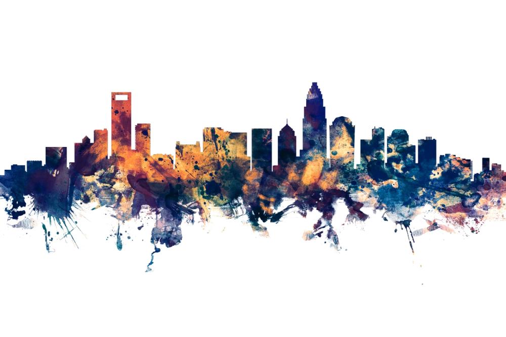 Charlotte North Carolina Skyline Blue & Bronze