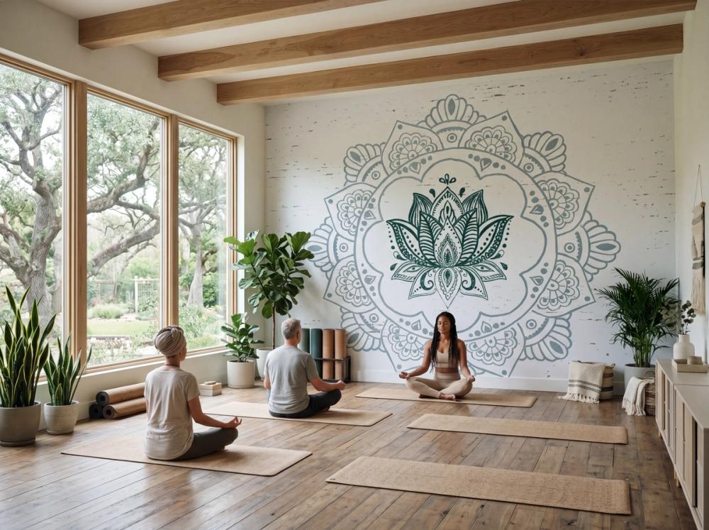 an interior photo of a yoga studio with a mandala themed wallpaper mural on the main wall