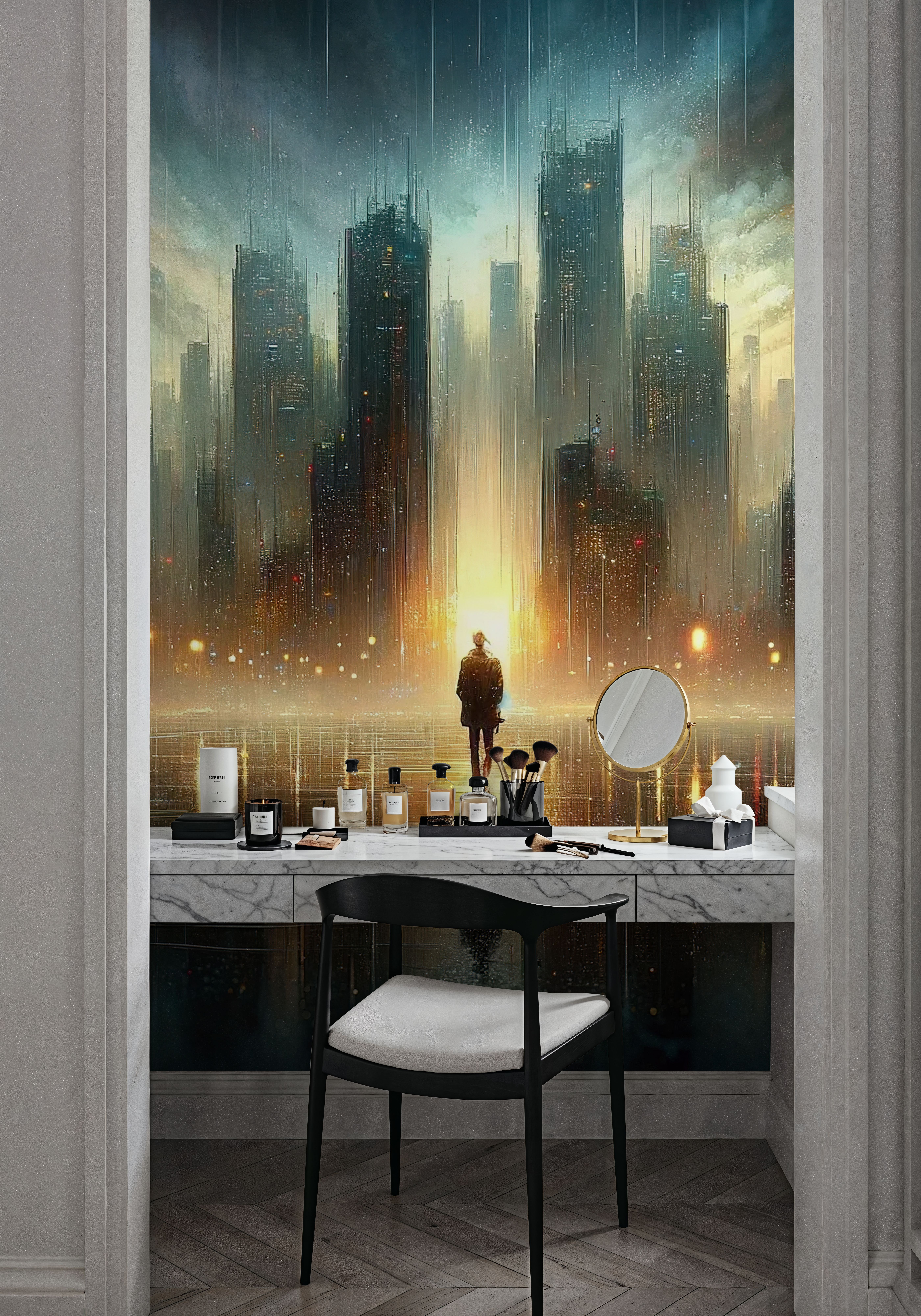 Wall Mural - Lost Moments in Twilight Rain - Architecture Fantasy mural wallpaper - Blue - Living room - Wallism US