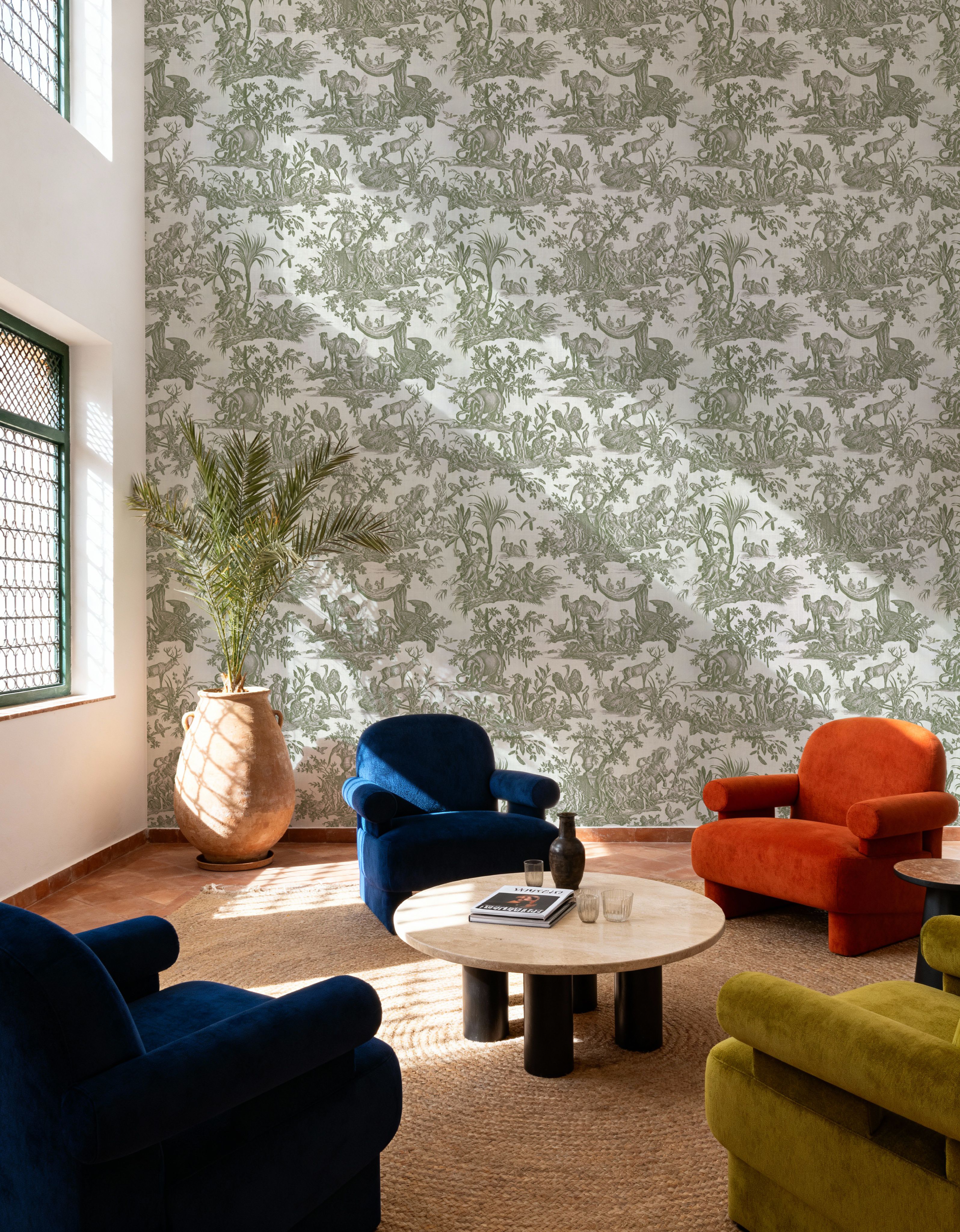 Patinated Linen Toile de Jouy, Olive, Wallpaper