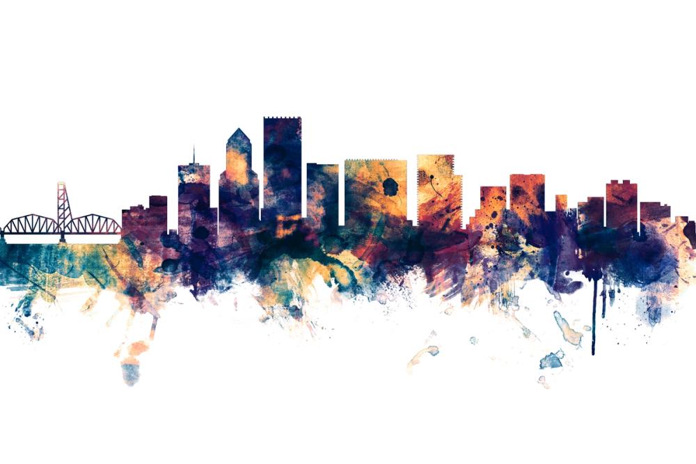 Portland Oregon Skyline Blue & Bronze