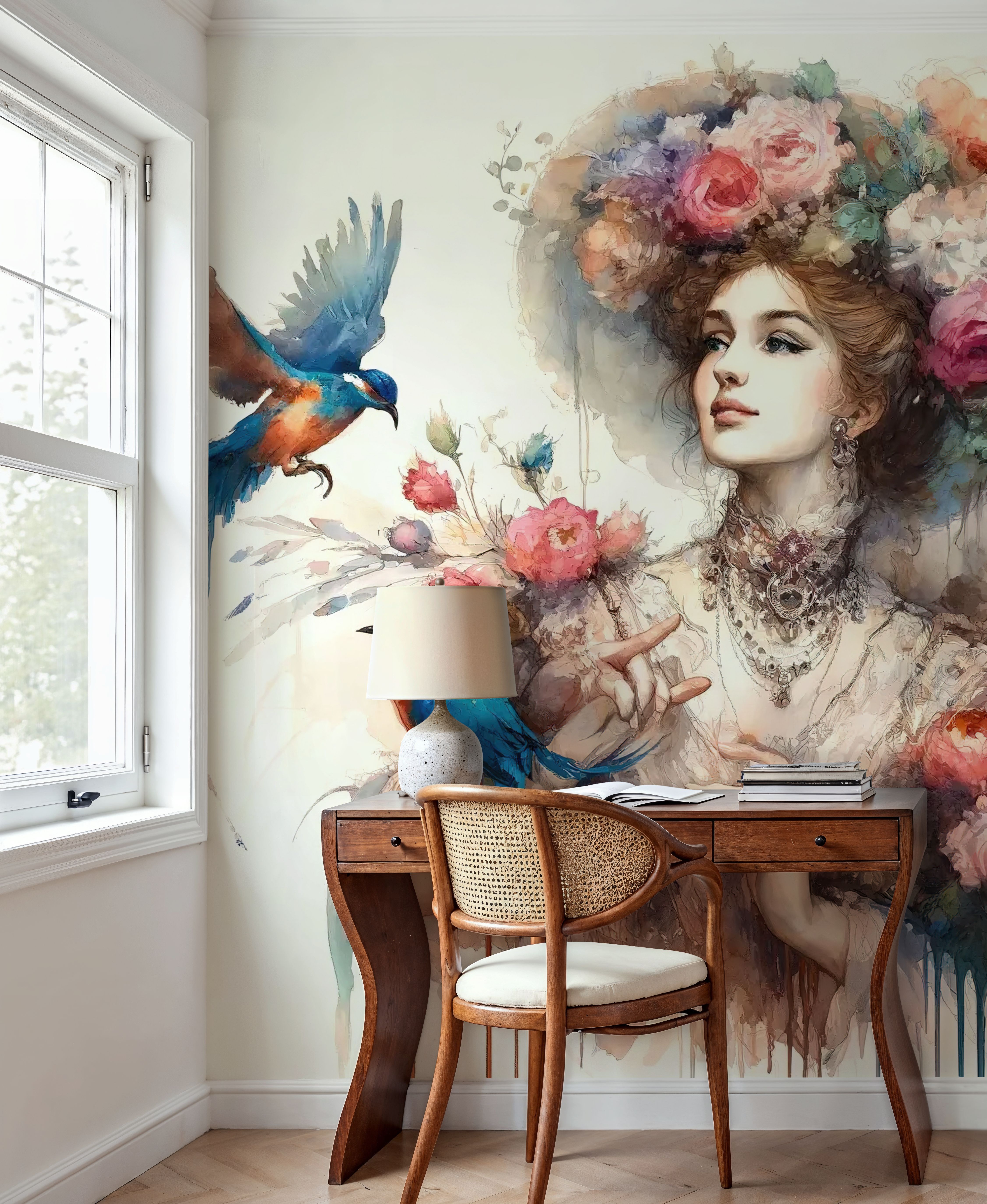 Enchanting Lady Amidst Blooms and Birds