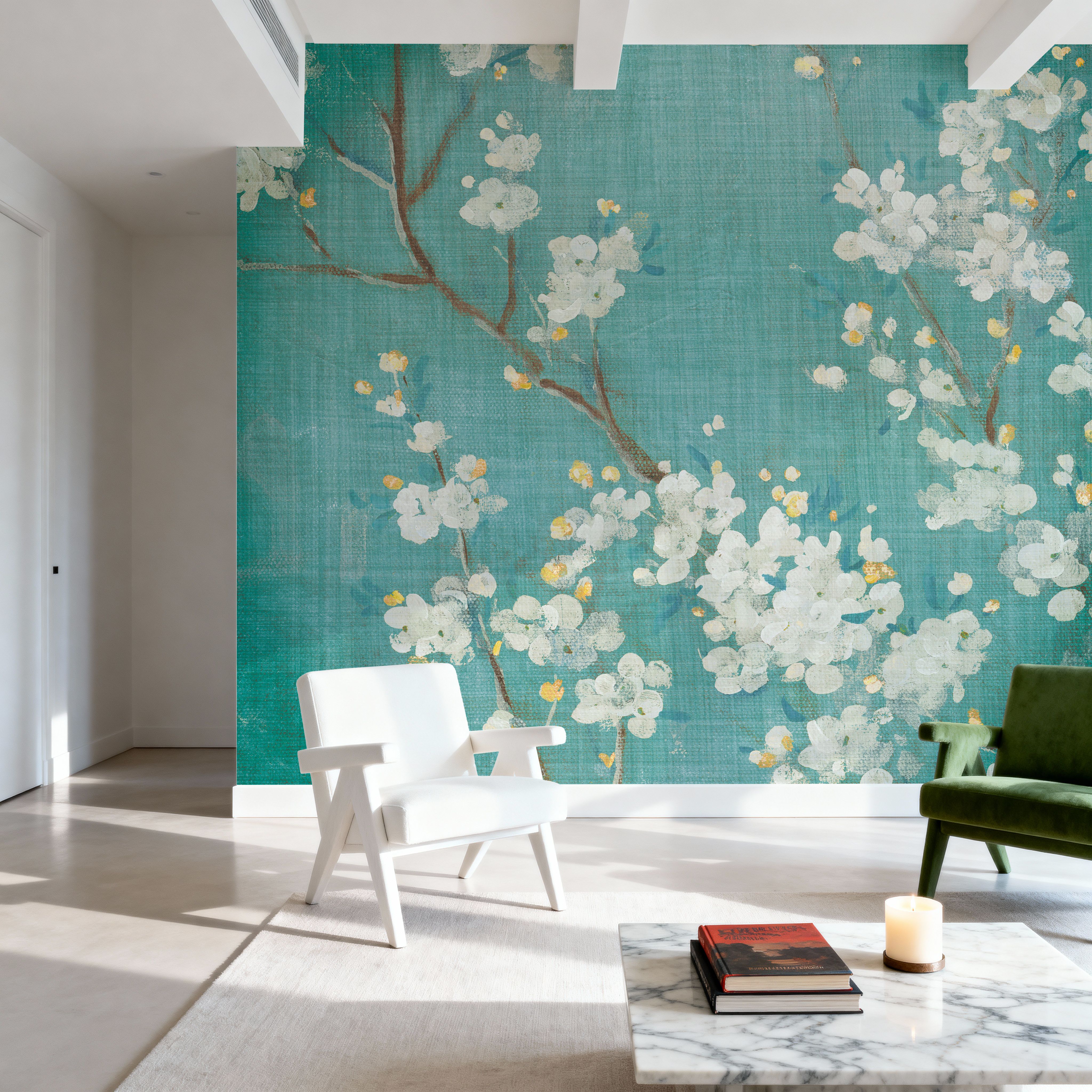 White Cherry Blossoms II on Blue Aged No Bird