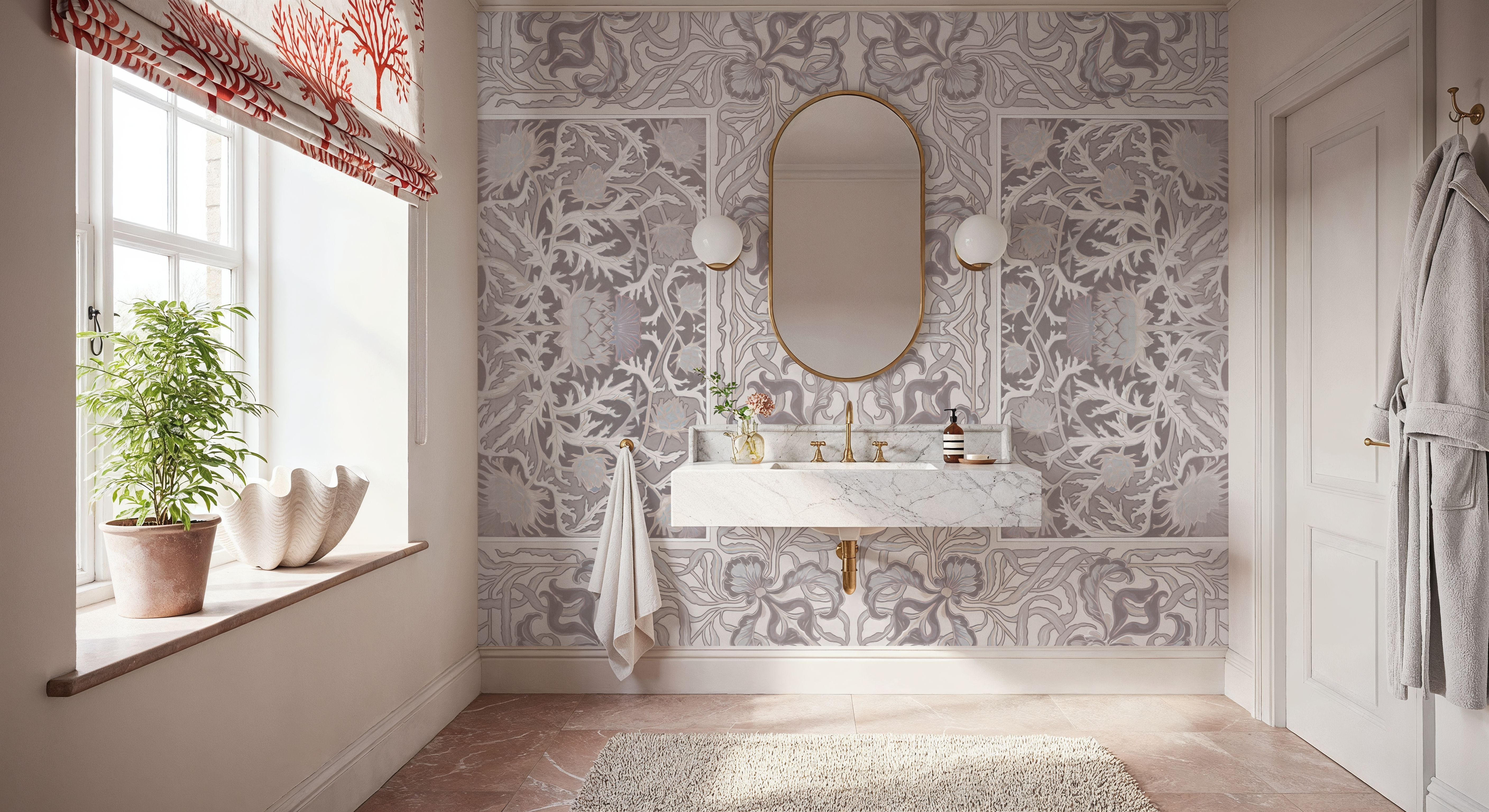 Iris & Thistle Ornament, Mauve, Wallpaper