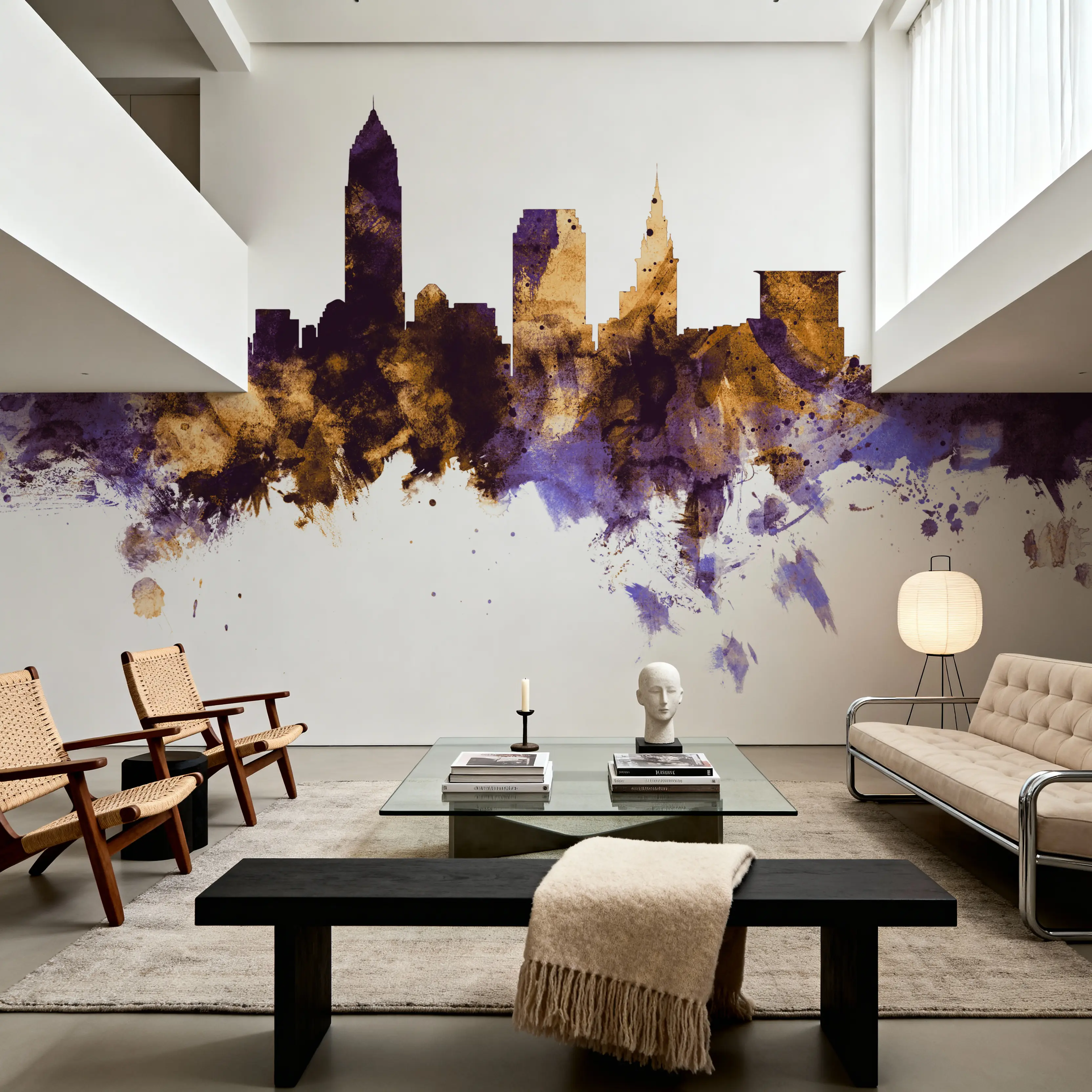 Wall Mural - Cleveland Ohio Skyline Purple & Gold - Abstract mural wallpaper - Purple - Bedroom - Wallism UK - Peel & Stick or Paste-the-Wall