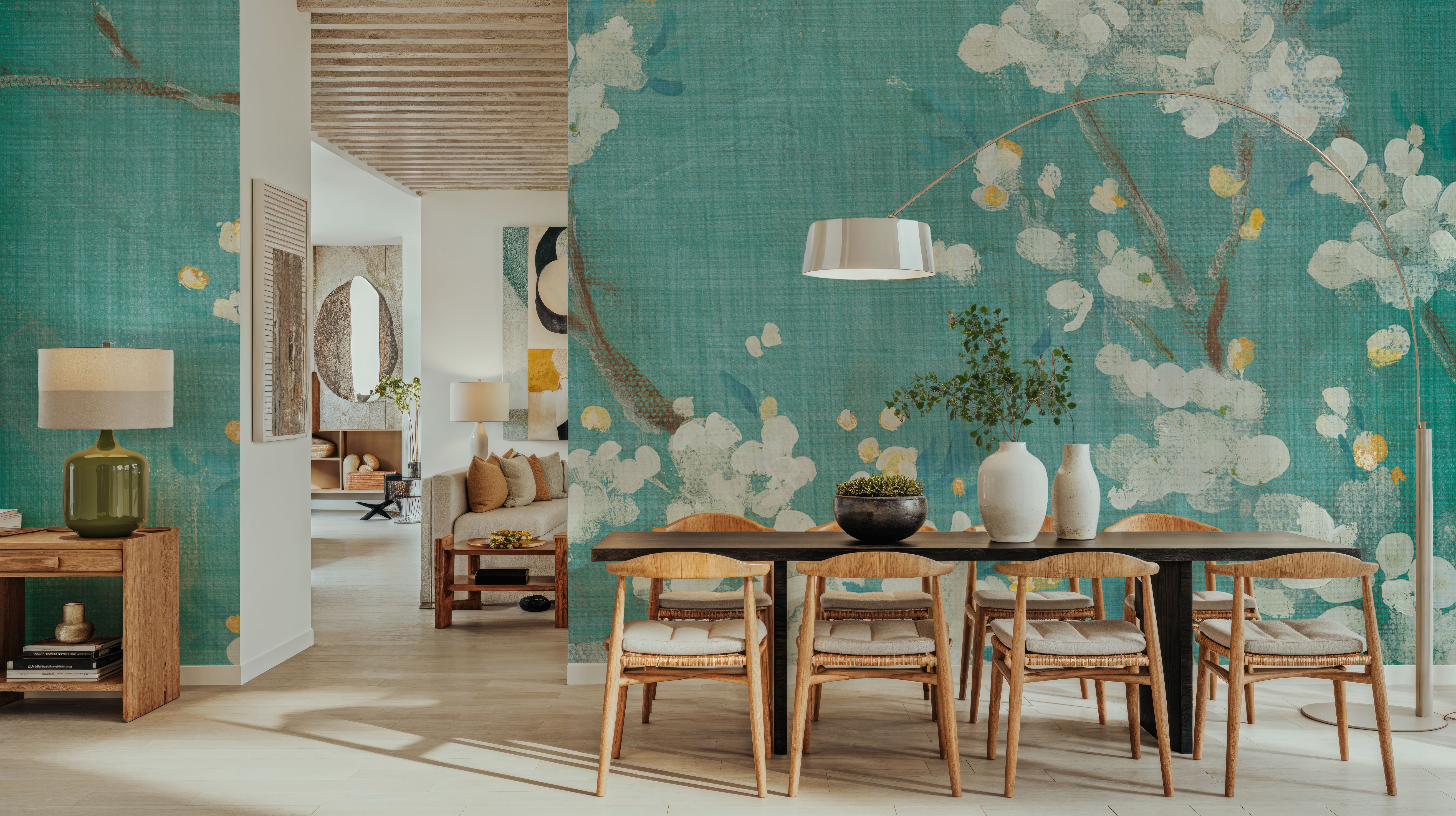 White Cherry Blossoms II on Blue Aged No Bird